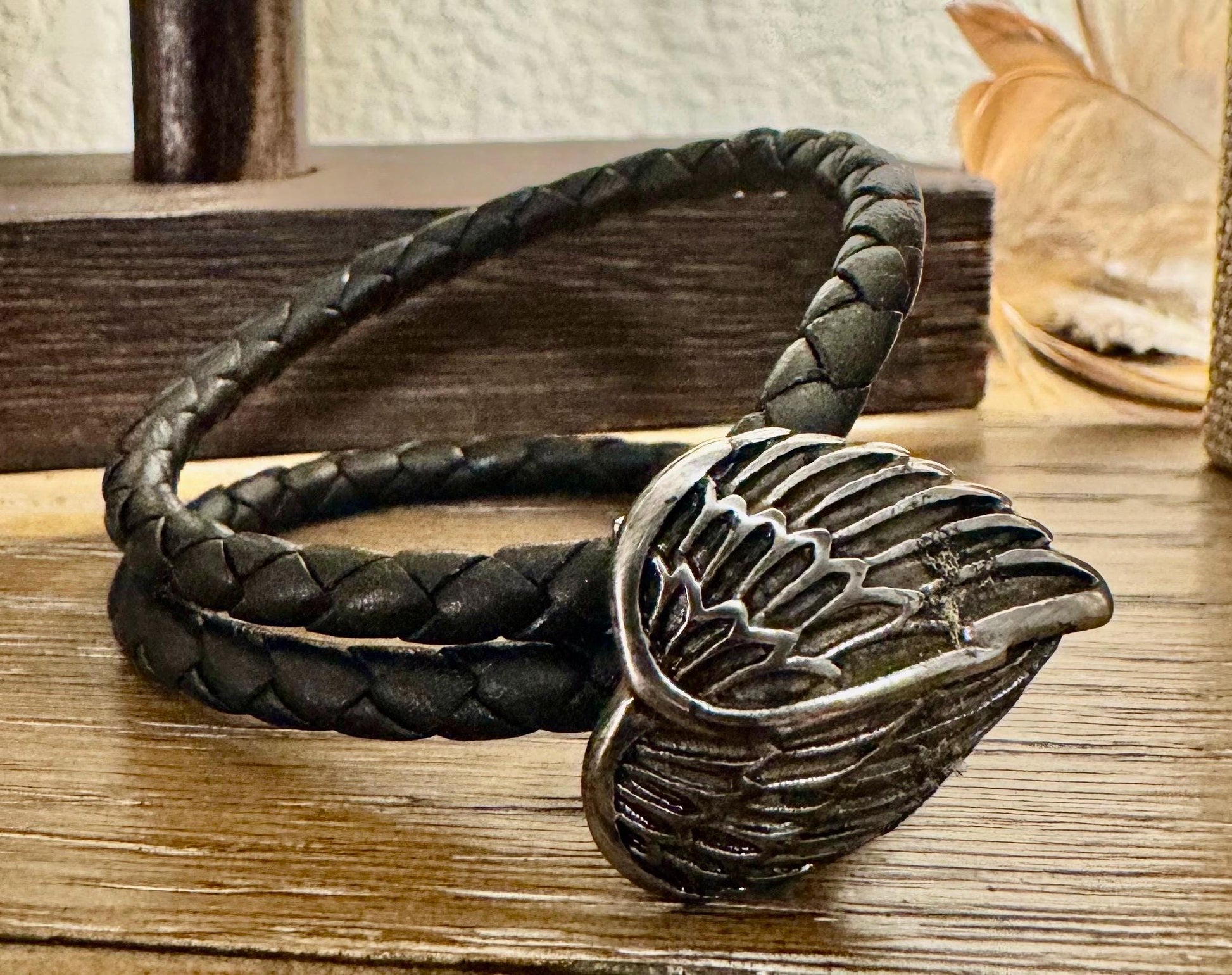 Leather bracelet wrap with angel wing clasp