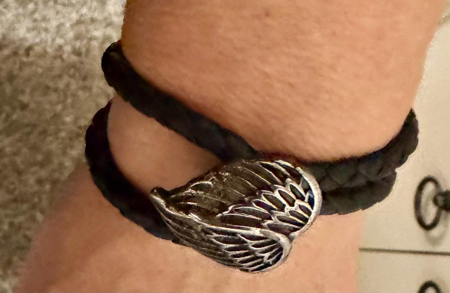 Leather bracelet wrap with angel wing clasp