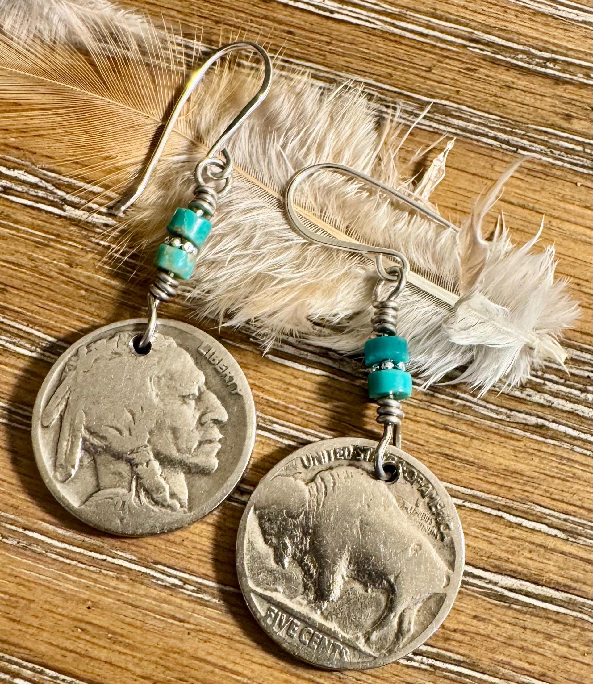 Indian head buffalo nickel earrings with turquoise gemstone / turquoise earrings