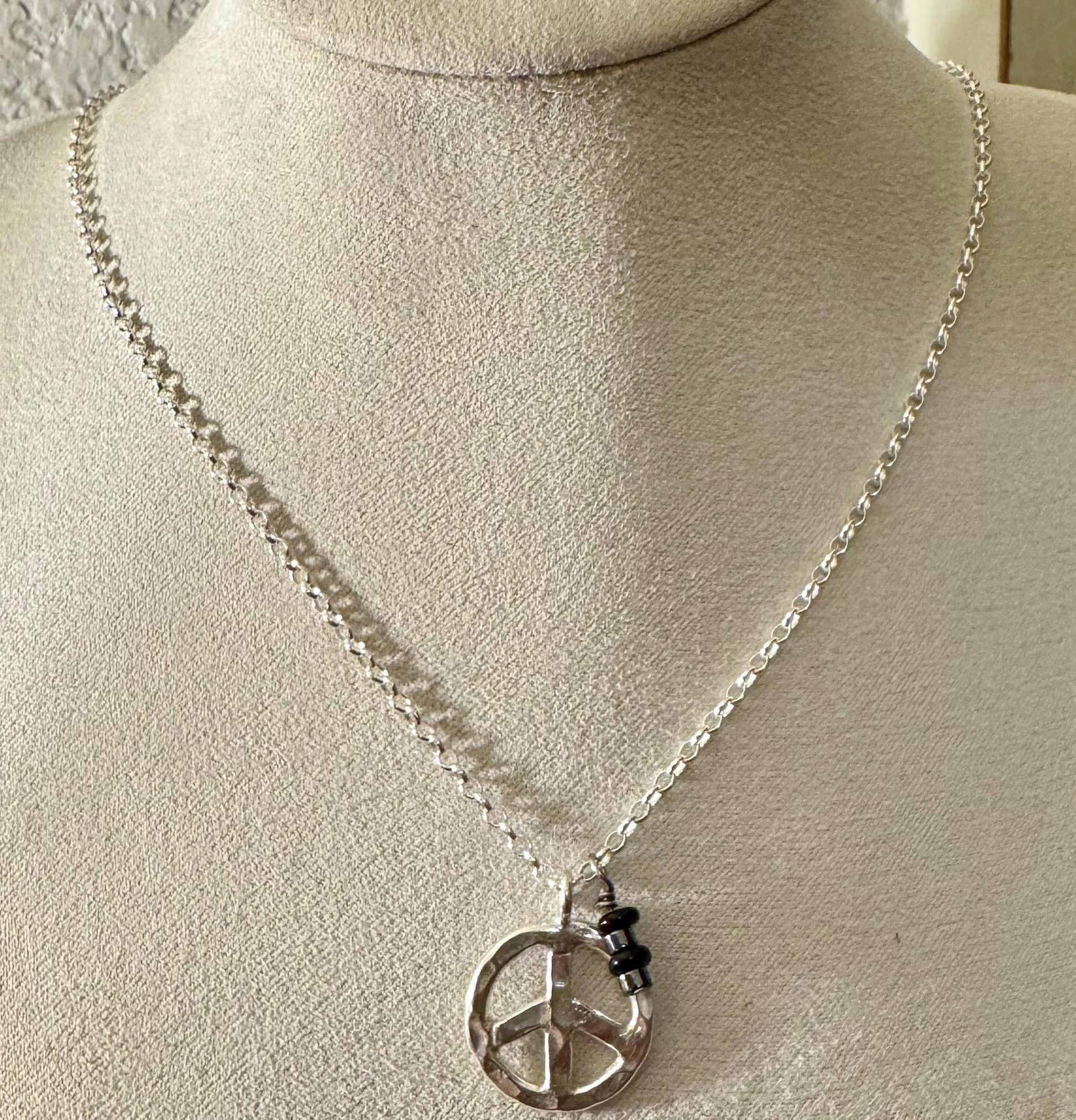 Peace Pendant Necklace, Black Onyx Charm with Hematite Accent, Peace Charm, Onyx Necklace, Peace Necklace, Gift Idea