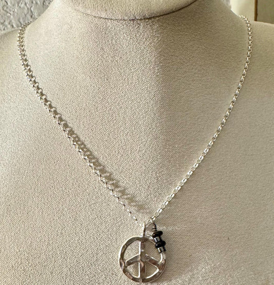 Peace Pendant Necklace, Black Onyx Charm with Hematite Accent, Peace Charm, Onyx Necklace, Peace Necklace, Gift Idea