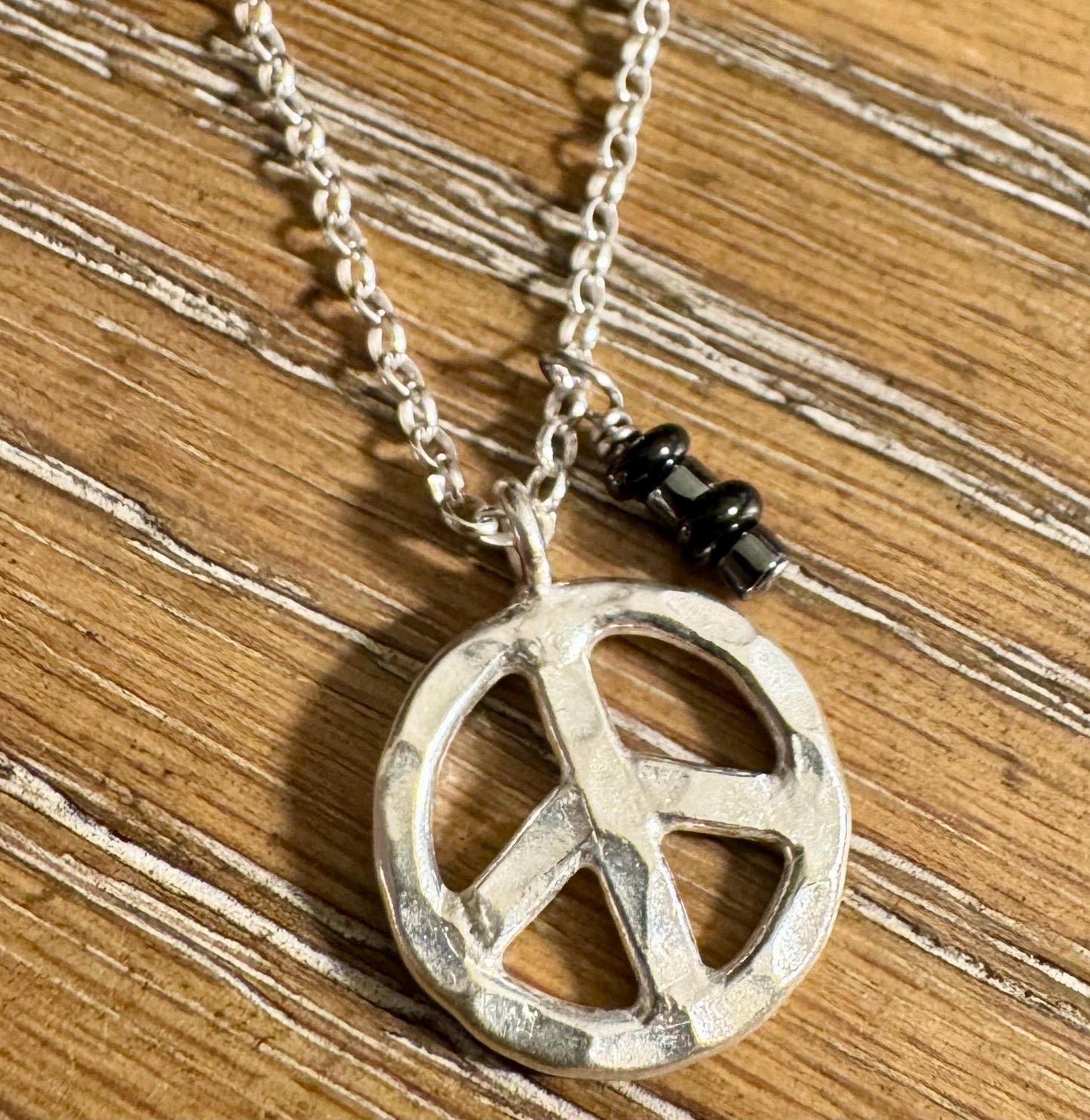 Peace Pendant Necklace, Black Onyx Charm with Hematite Accent, Peace Charm, Onyx Necklace, Peace Necklace, Gift Idea
