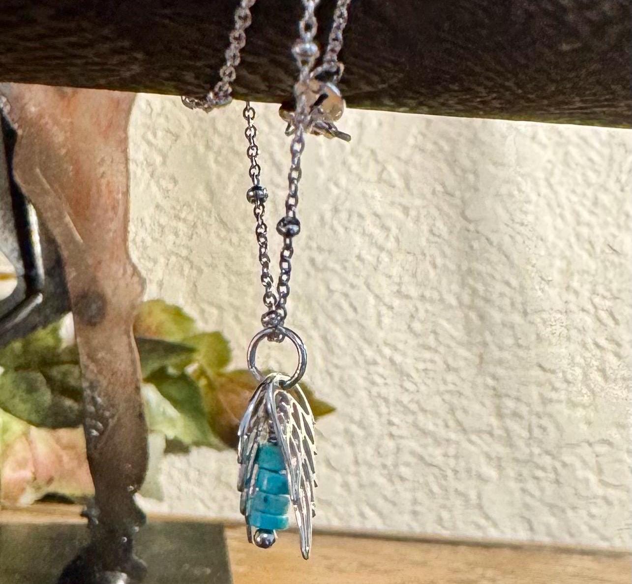 Delicate angel wings pendant / charm and turquoise dangle / accent necklace