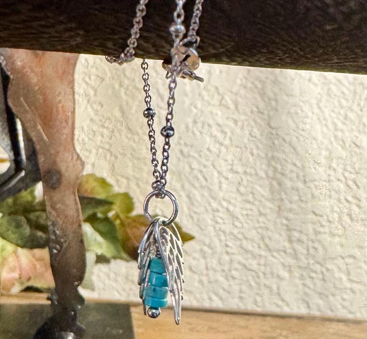 Delicate angel wings pendant / charm and turquoise dangle / accent necklace