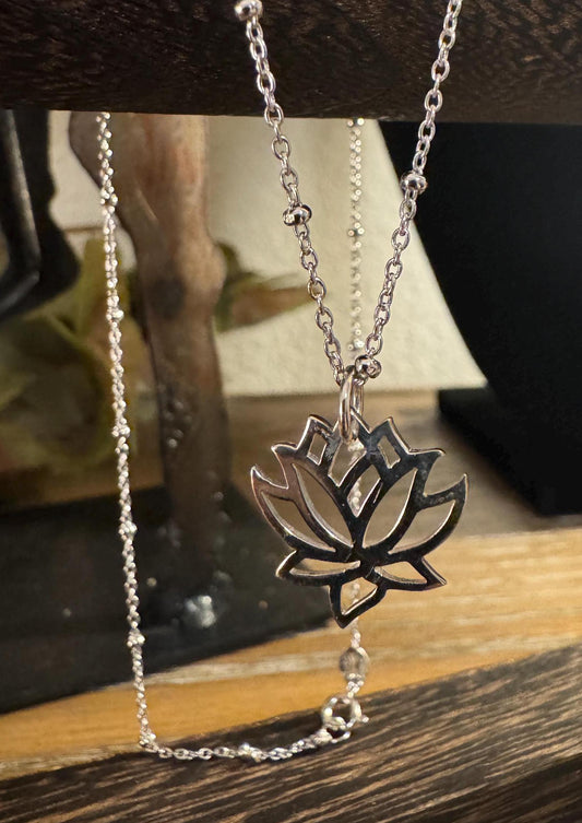 Sterling silver satellite chain necklace with delicate lotus flower pendant / charm