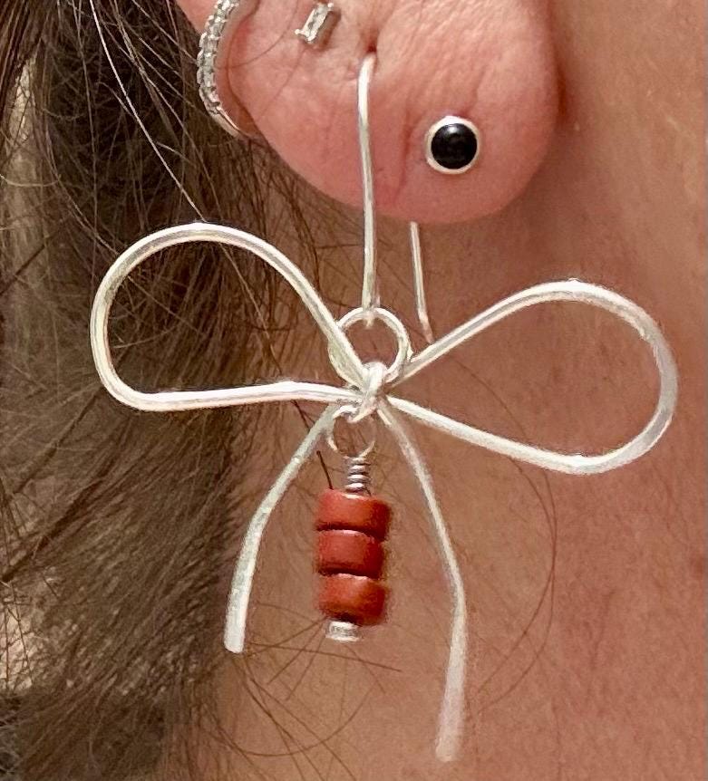 Sterling silver handmade bow earring with jasper, gemstone can be customized