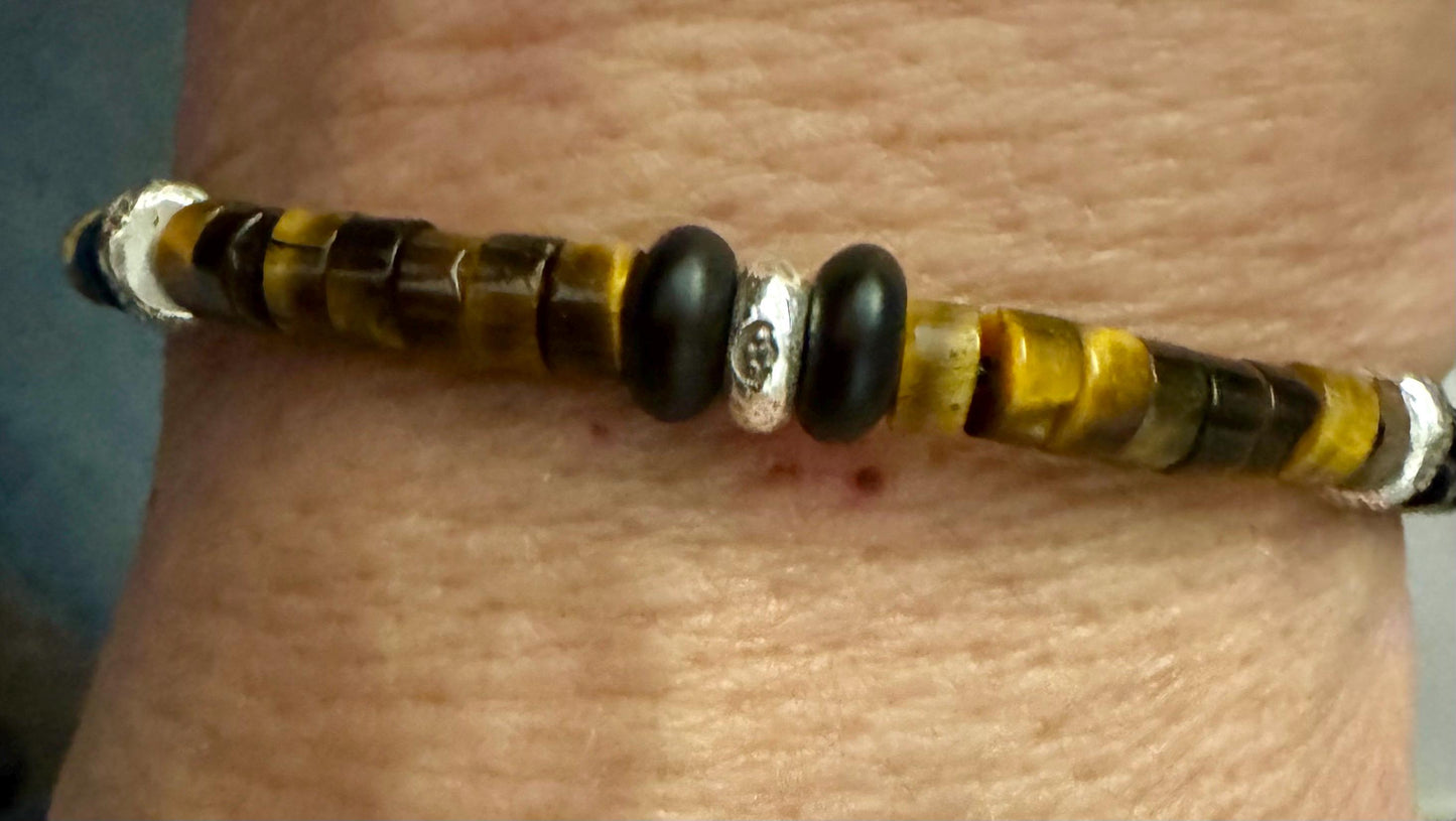 Tiger's eye, black onyx and sterling silver spacers bracelet / gemstone bracelet