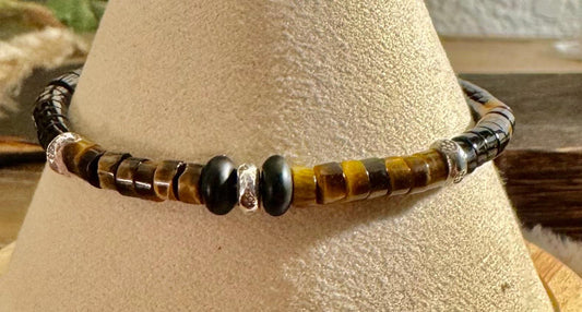 Tiger's eye, black onyx and sterling silver spacers bracelet / gemstone bracelet
