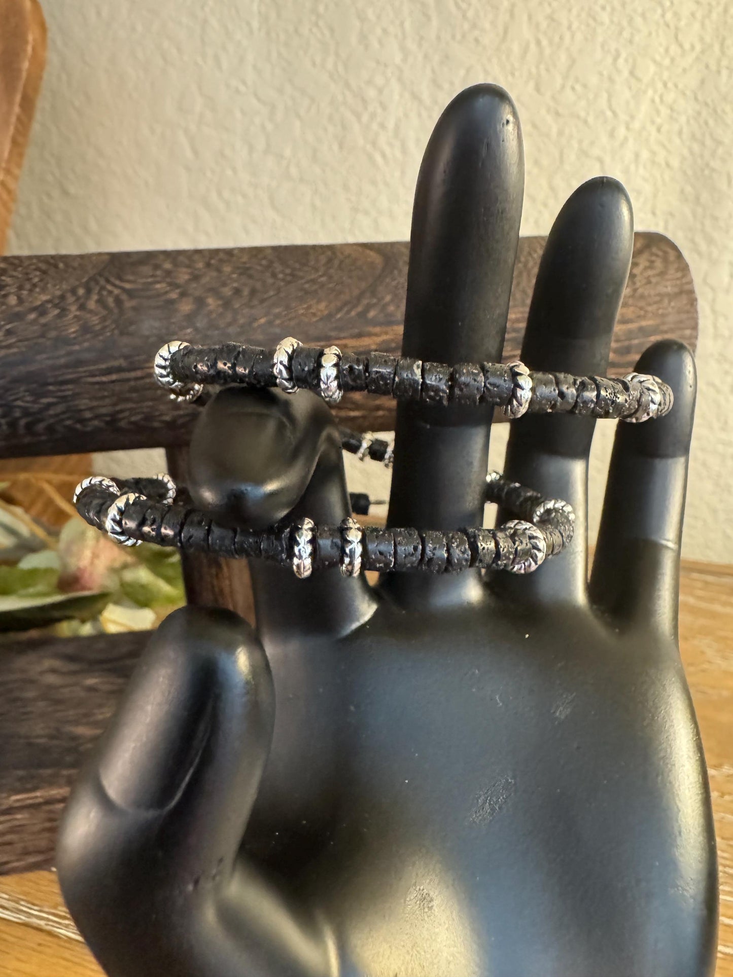 Carbon steel memory wire bracelet with black lava rock and silver alloy spacers / gemstone bracelet