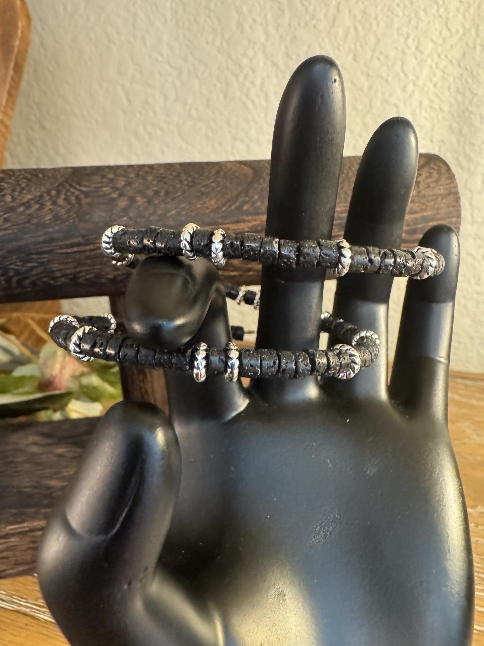 Carbon steel memory wire bracelet with black lava rock and silver alloy spacers / gemstone bracelet