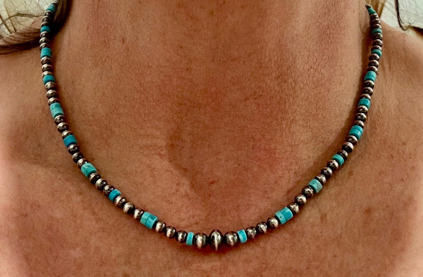 Navajo Pearl and Kingman Turquoise Necklace, Genuine Turquoise Beaded Necklace, Gemstone Necklace, Choker Necklace, Authentic Navajo Pearls