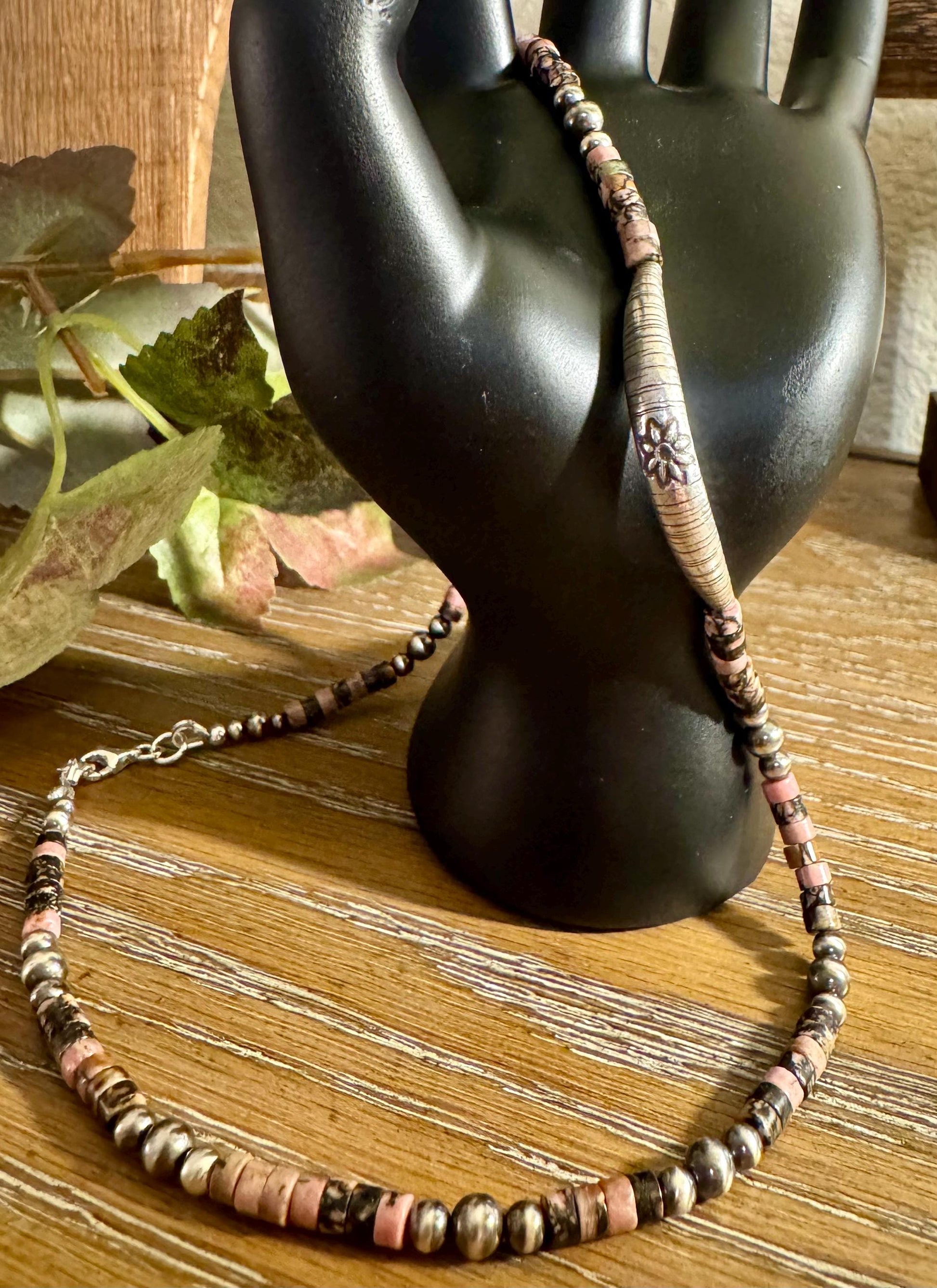 Navajo Pearl and Black Pink Rhodonite Necklace, Beaded Sterling Silver Necklace, Authentic Navajo Pearl Necklace Jewelry