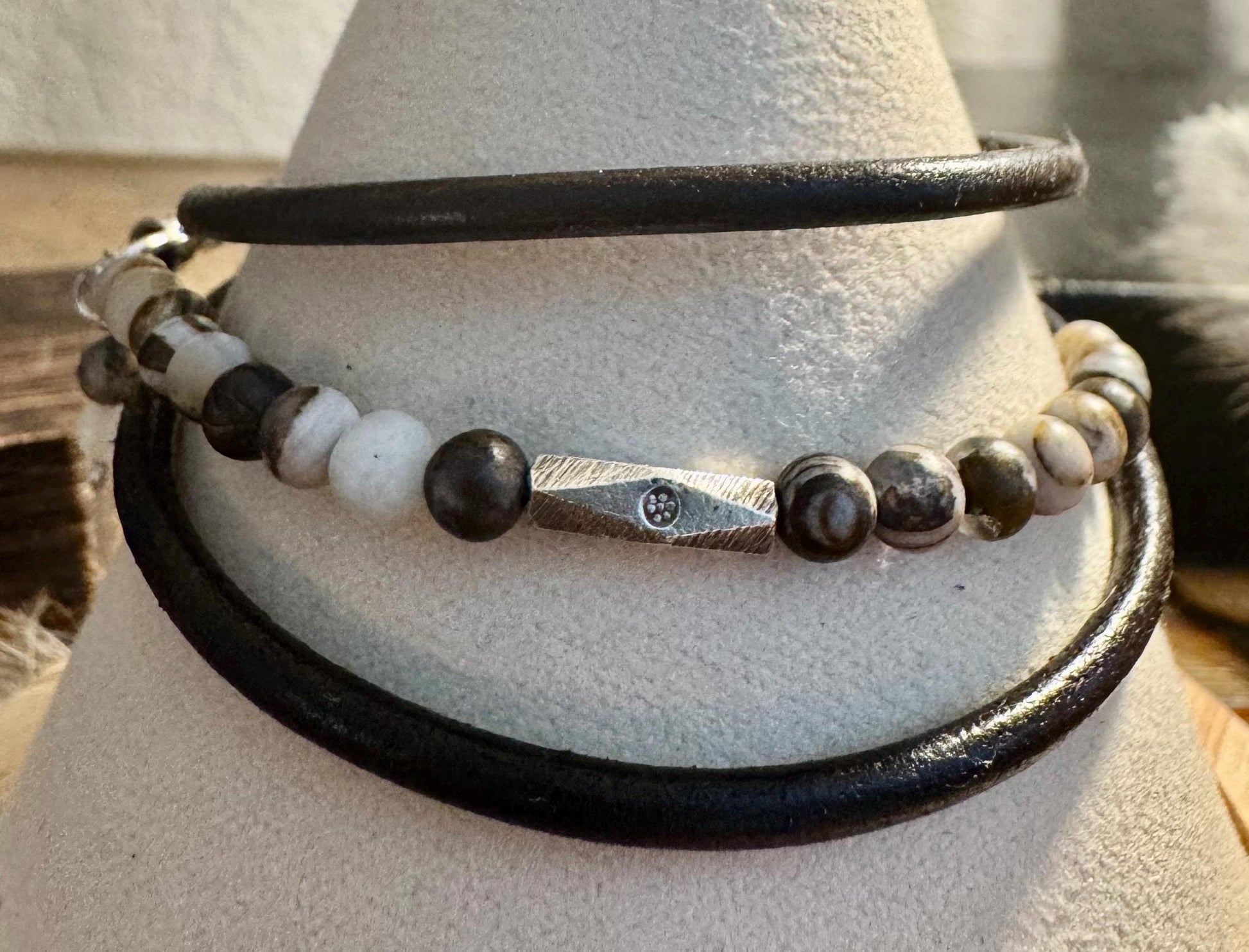 Leather wrap bracelet with petrified opal wood half cuff gemstones / beads