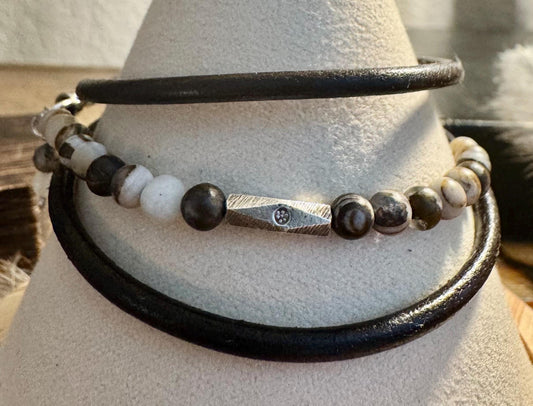 Leather wrap bracelet with petrified opal wood half cuff gemstones / beads