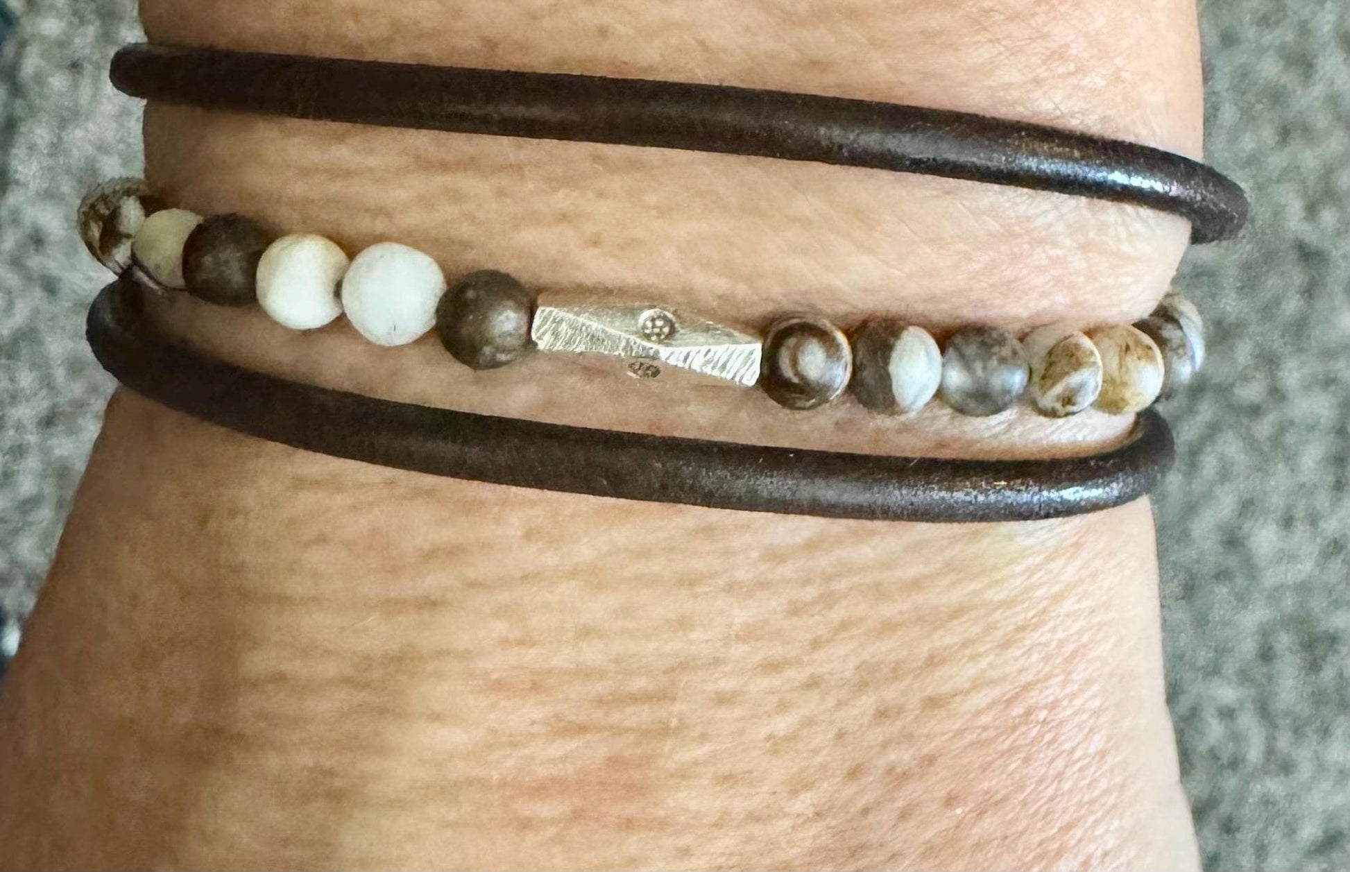 Leather wrap bracelet with petrified opal wood half cuff gemstones / beads