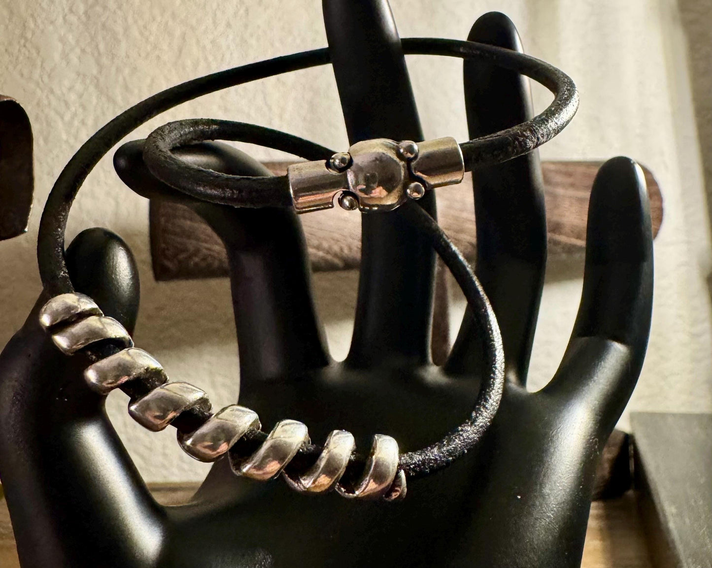 Leather bracelet with silver slider, magnet closure / wrap leather bracelet