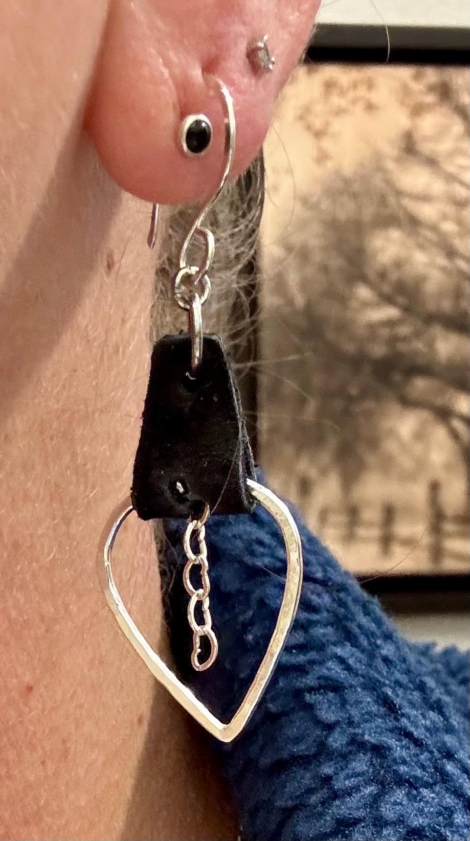 Leather earrings teardrop style with heart chain dangle earrings / genuine leather earrings