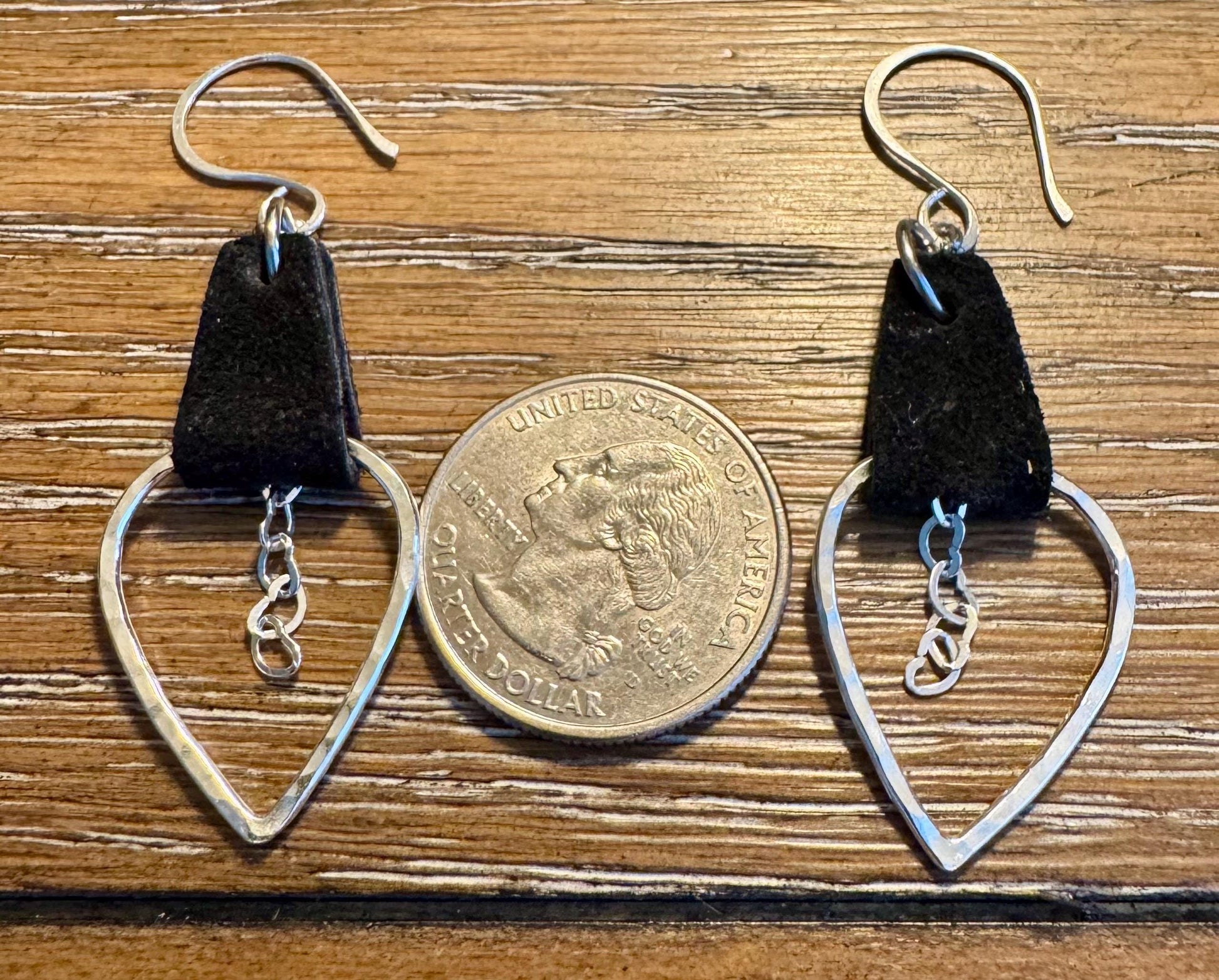 Leather earrings teardrop style with heart chain dangle earrings / genuine leather earrings