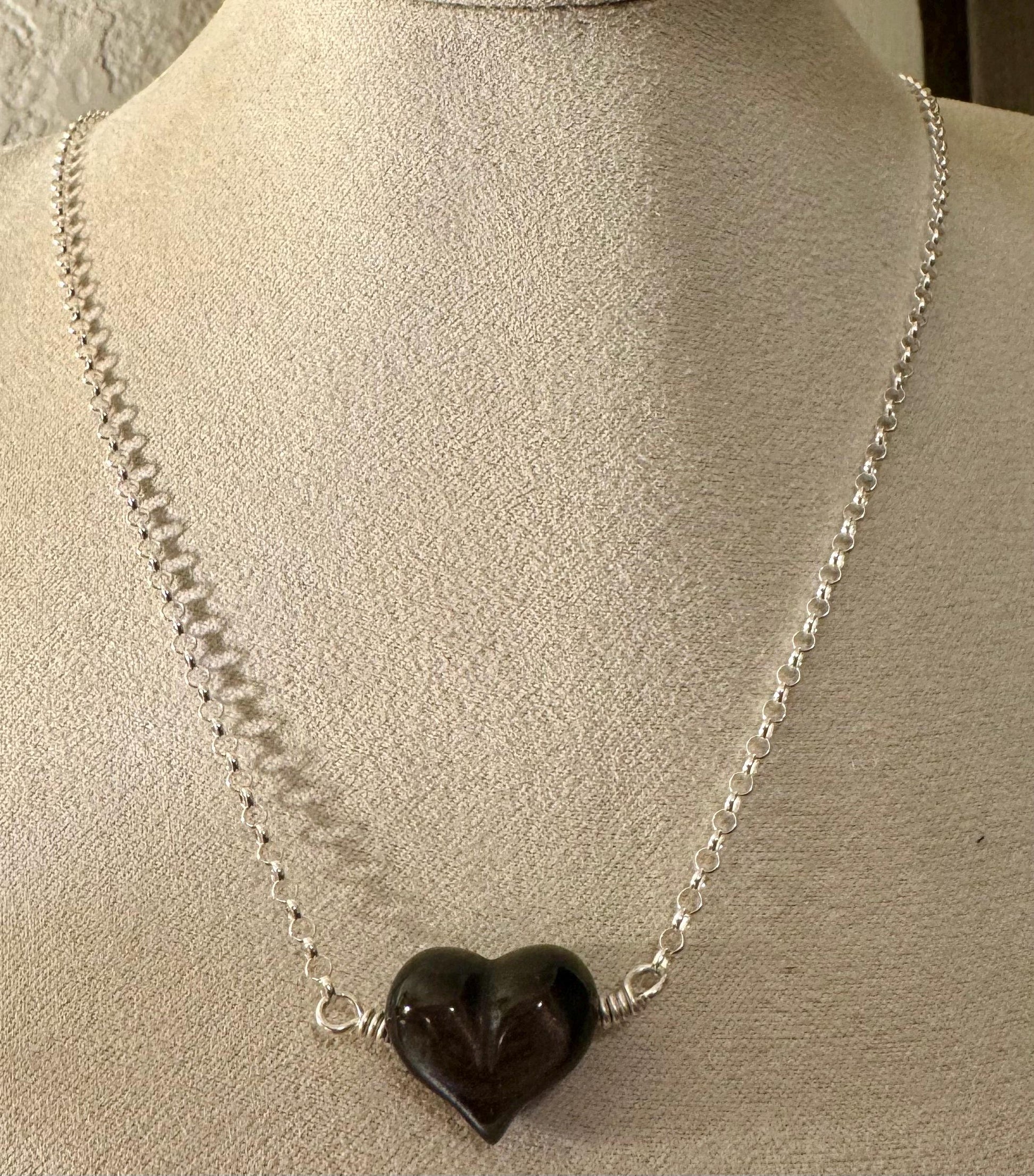 Obsidian gemstone puffy heart necklace
