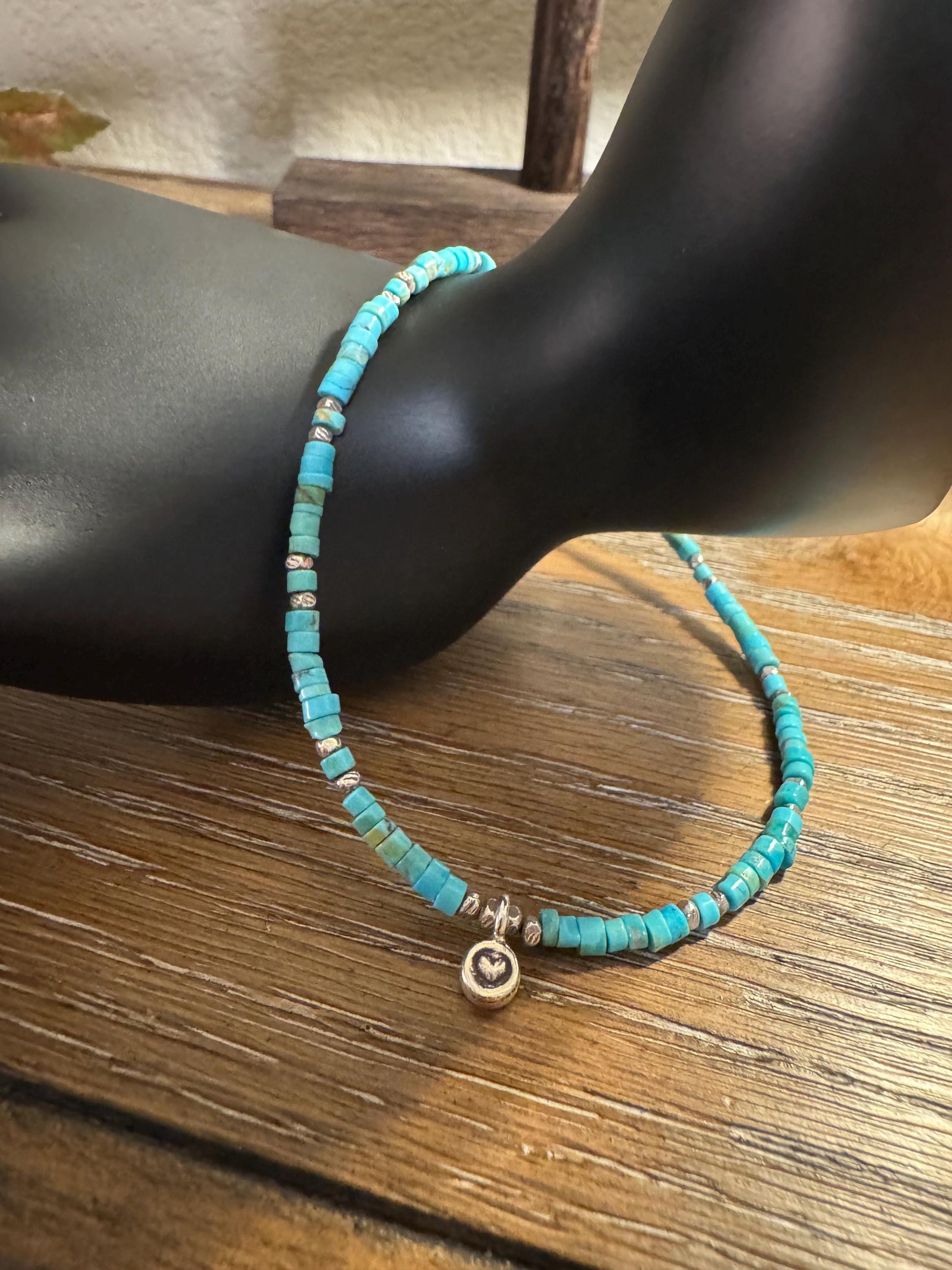 Turquoise Sterling Silver Ankle Bracelet, Heart Charm Ankle Bracelet, Sterling Ankle Jewelry, Gift for Her, Ankle Accessory, Gift Idea