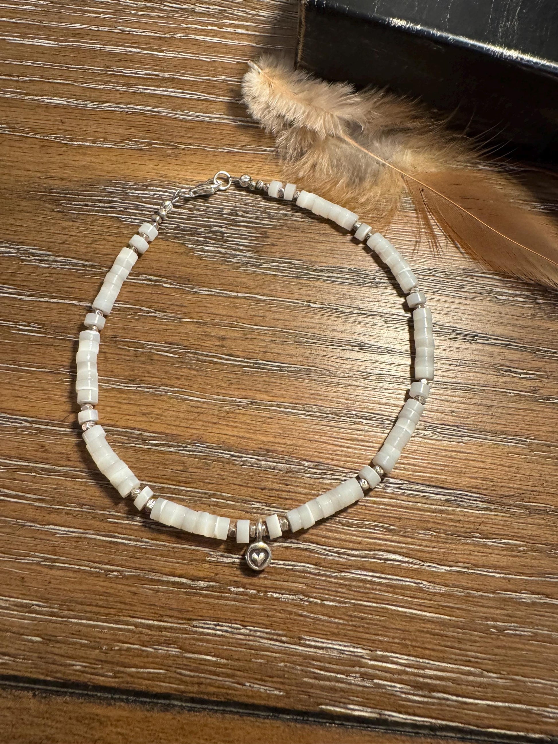 Mother of pearl sterling silver ankle bracelet with heart charm / ankle bracelet