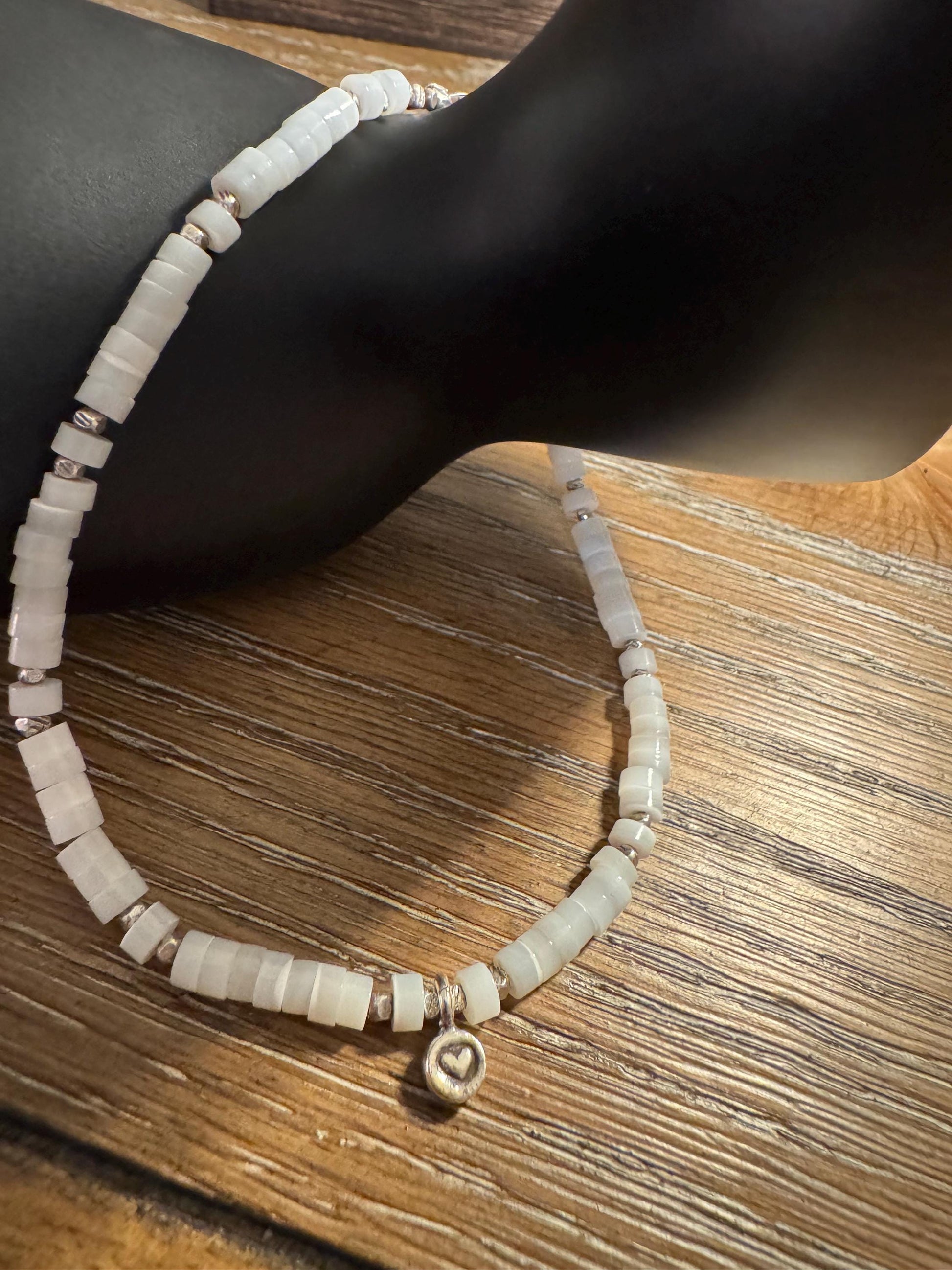 Mother of pearl sterling silver ankle bracelet with heart charm / ankle bracelet