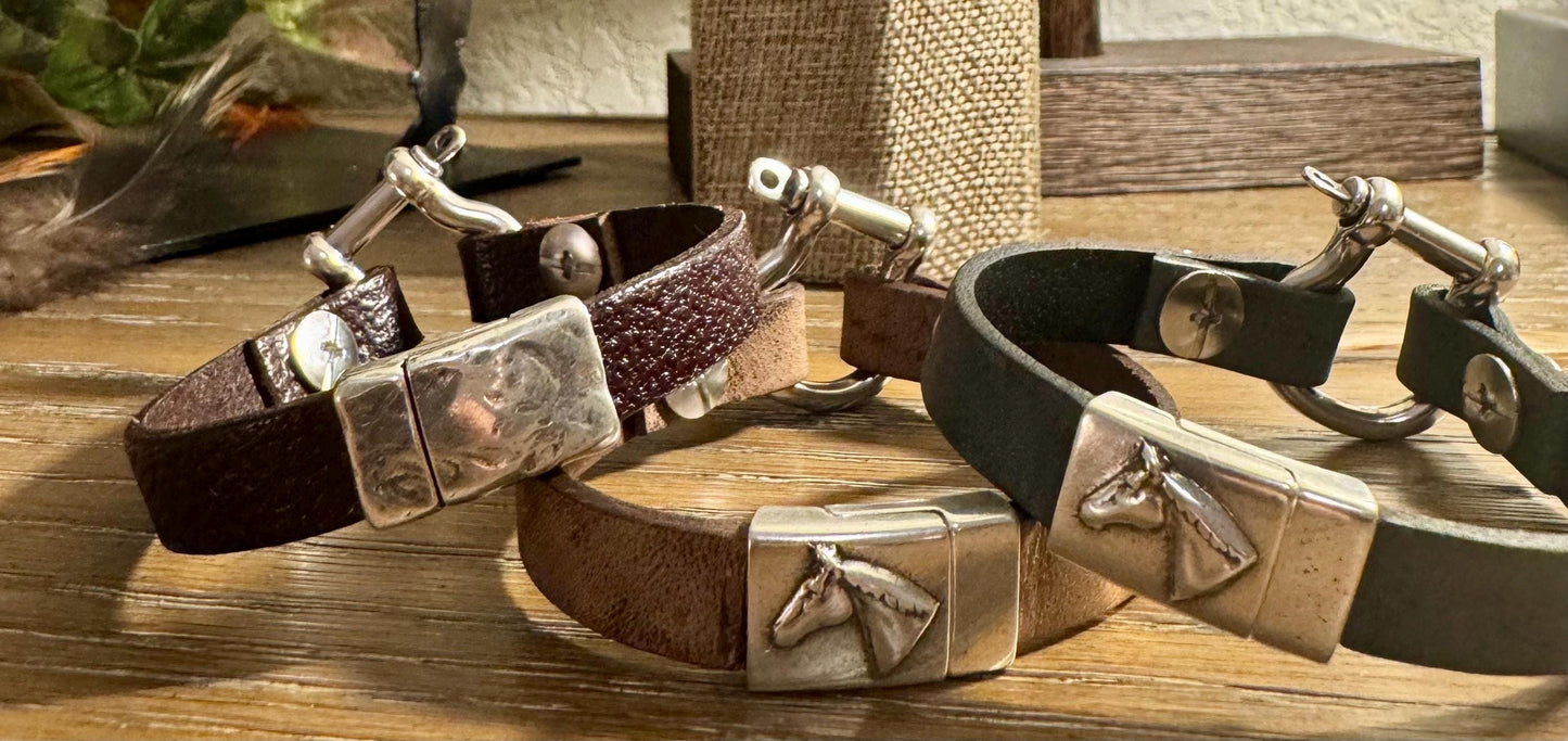 Leather shackle style bracelet with horse clasp magnet closure / genuine leather bracelet