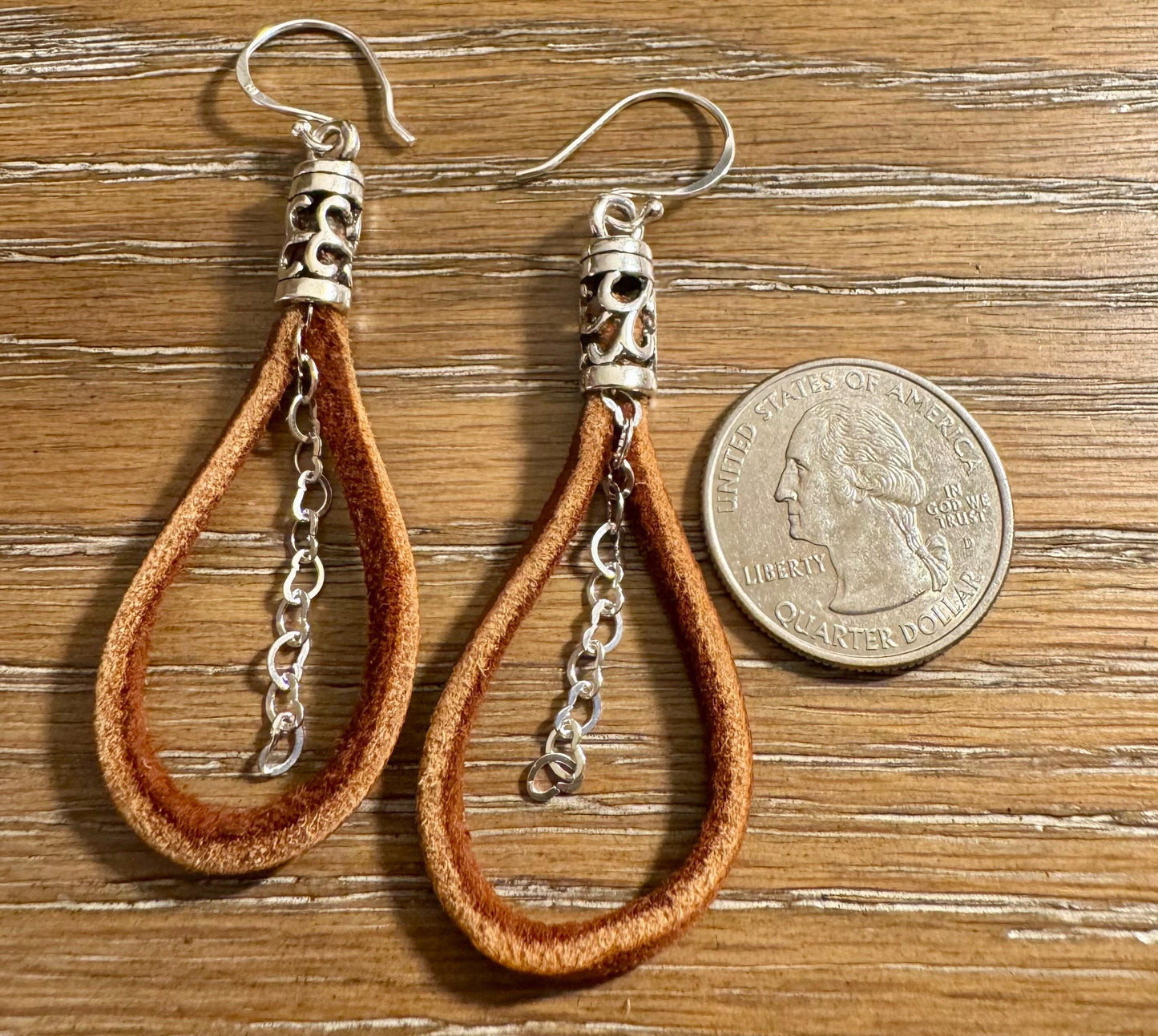 Leather earrings with heart chain / genuine leather earrings