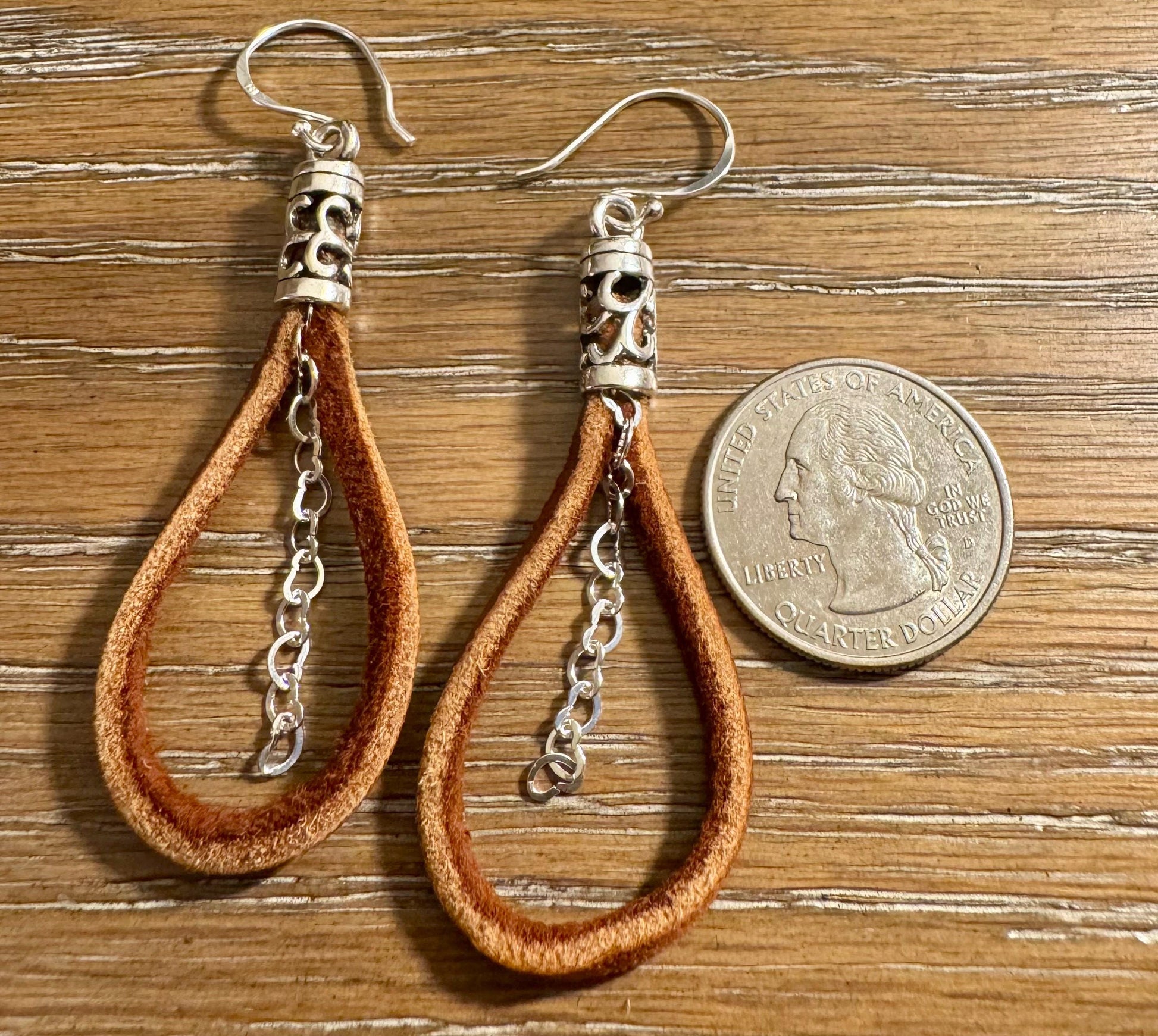 Leather earrings with heart chain / genuine leather earrings