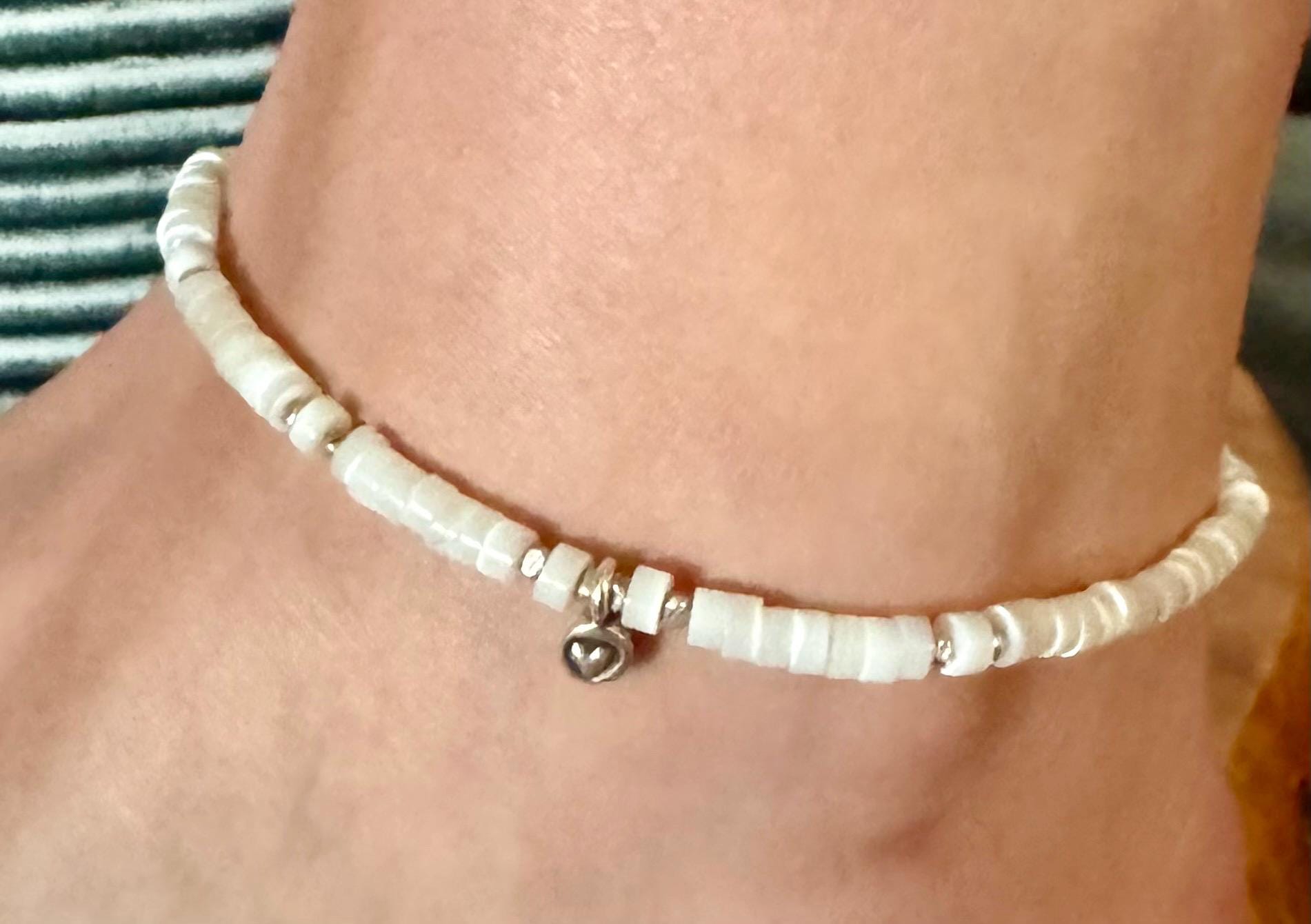 Mother of pearl sterling silver ankle bracelet with heart charm / ankle bracelet