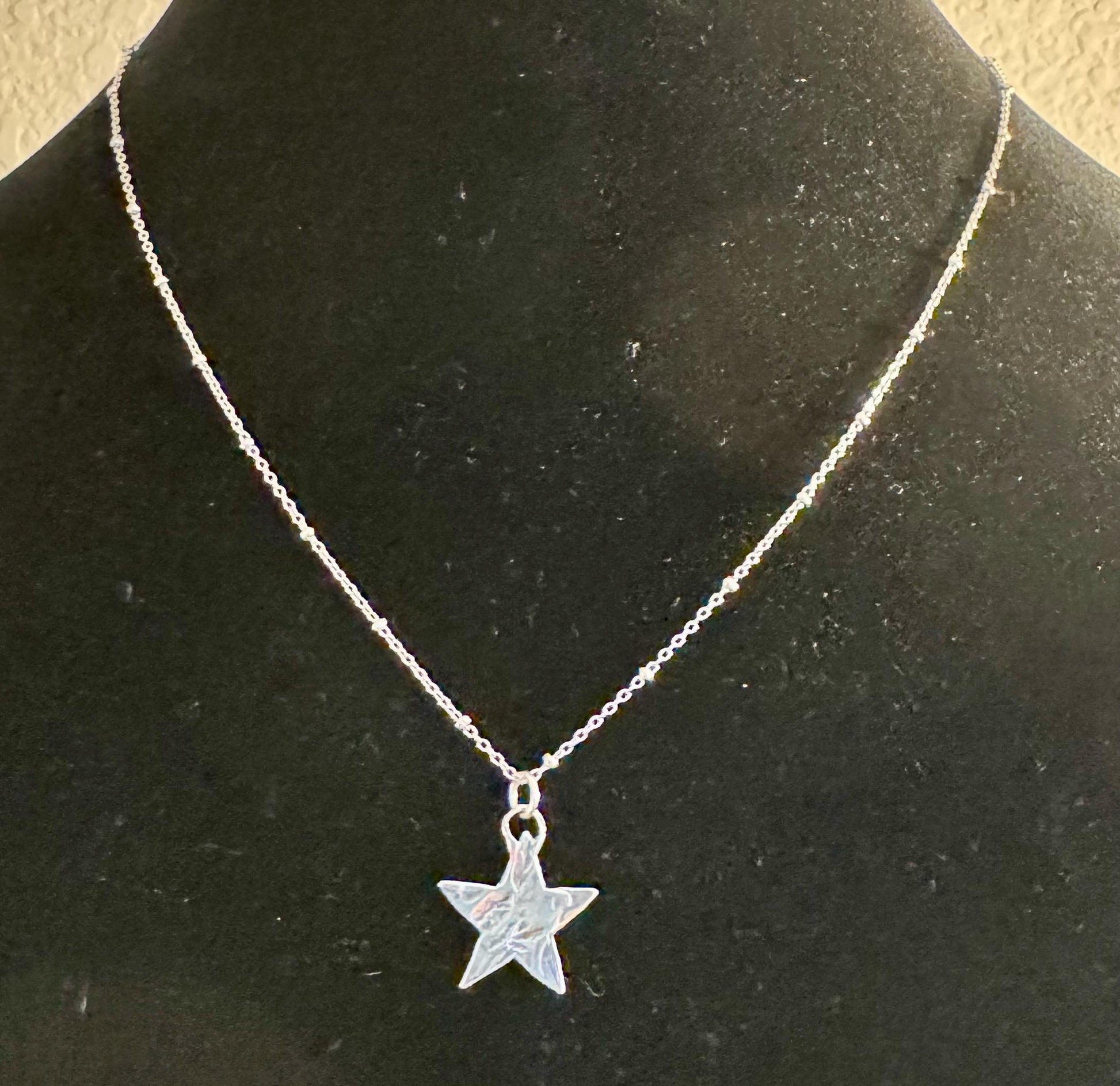 Sterling silver satellite chain necklace with delicate hammered star pendant / charm