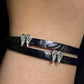 Embossed flower pattern leather wrap bracelet with angel wings spacers and magnet closure, black or dark brown leather