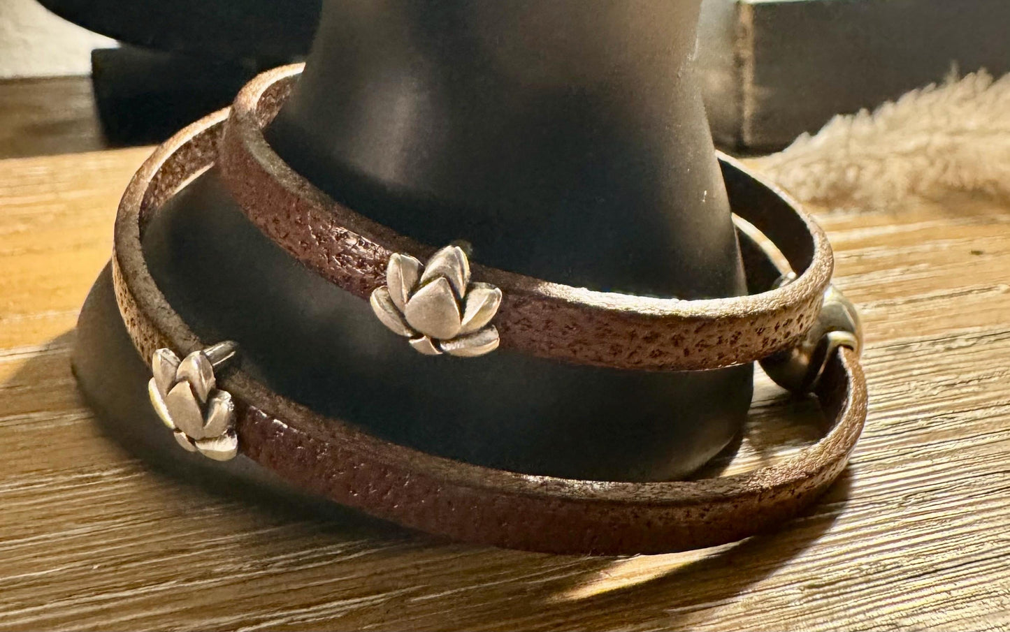 Camel leather wrap bracelet with lotus flower spacers and magnet closure