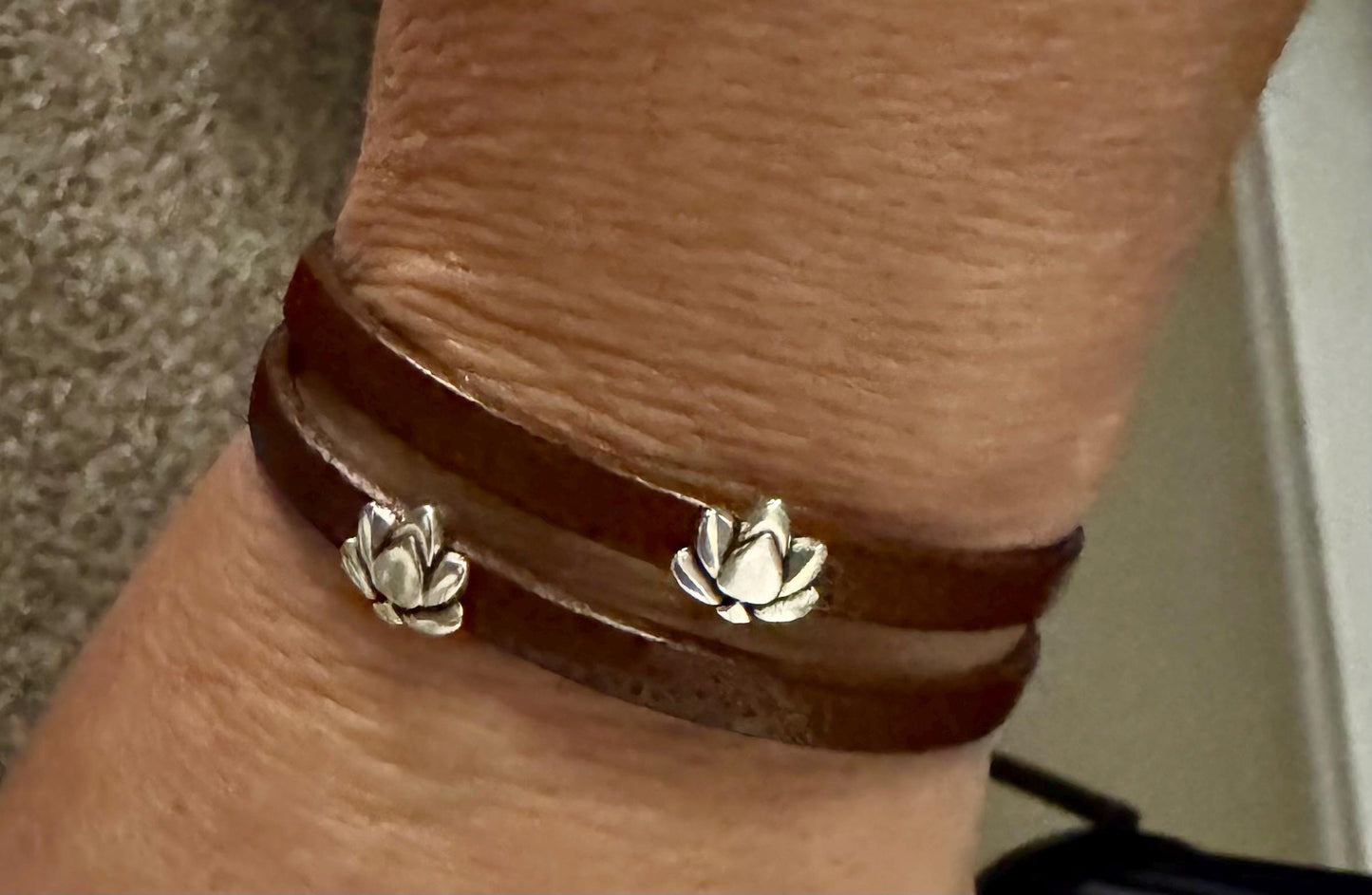 Camel leather wrap bracelet with lotus flower spacers and magnet closure