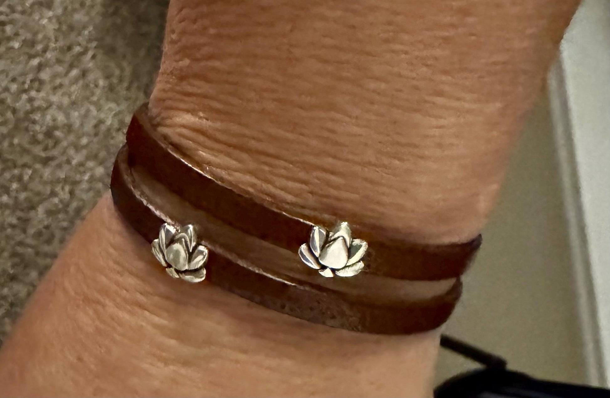 Camel leather wrap bracelet with lotus flower spacers and magnet closure