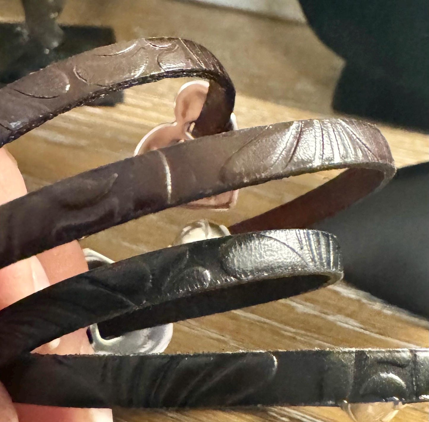Leather wrap leather bracelet with heart pendant bracelet and magnet closure / embossed flower pattern or plain leather option