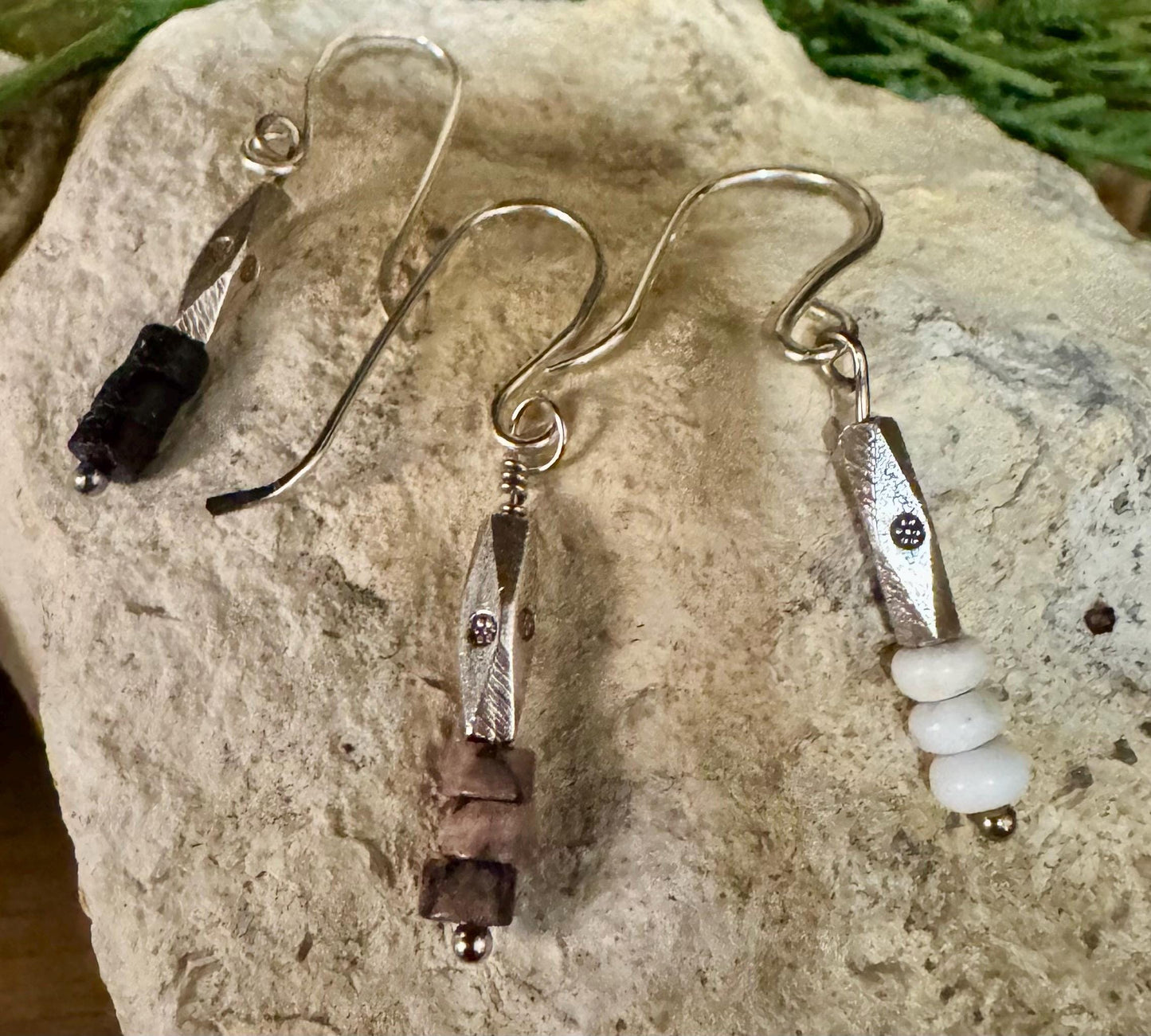 Sterling Silver dangle earrings with gemstone and sterling tube spacer
