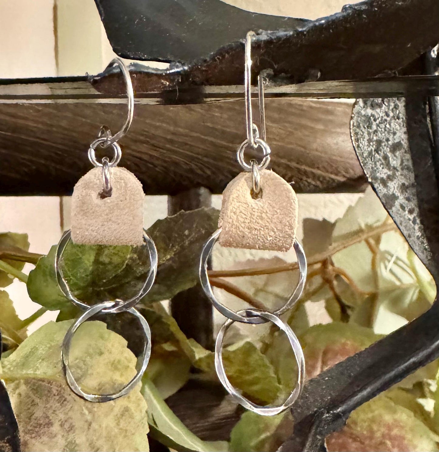 Suede leather earrings with sterling silver circle dangles / genuine leather earrings