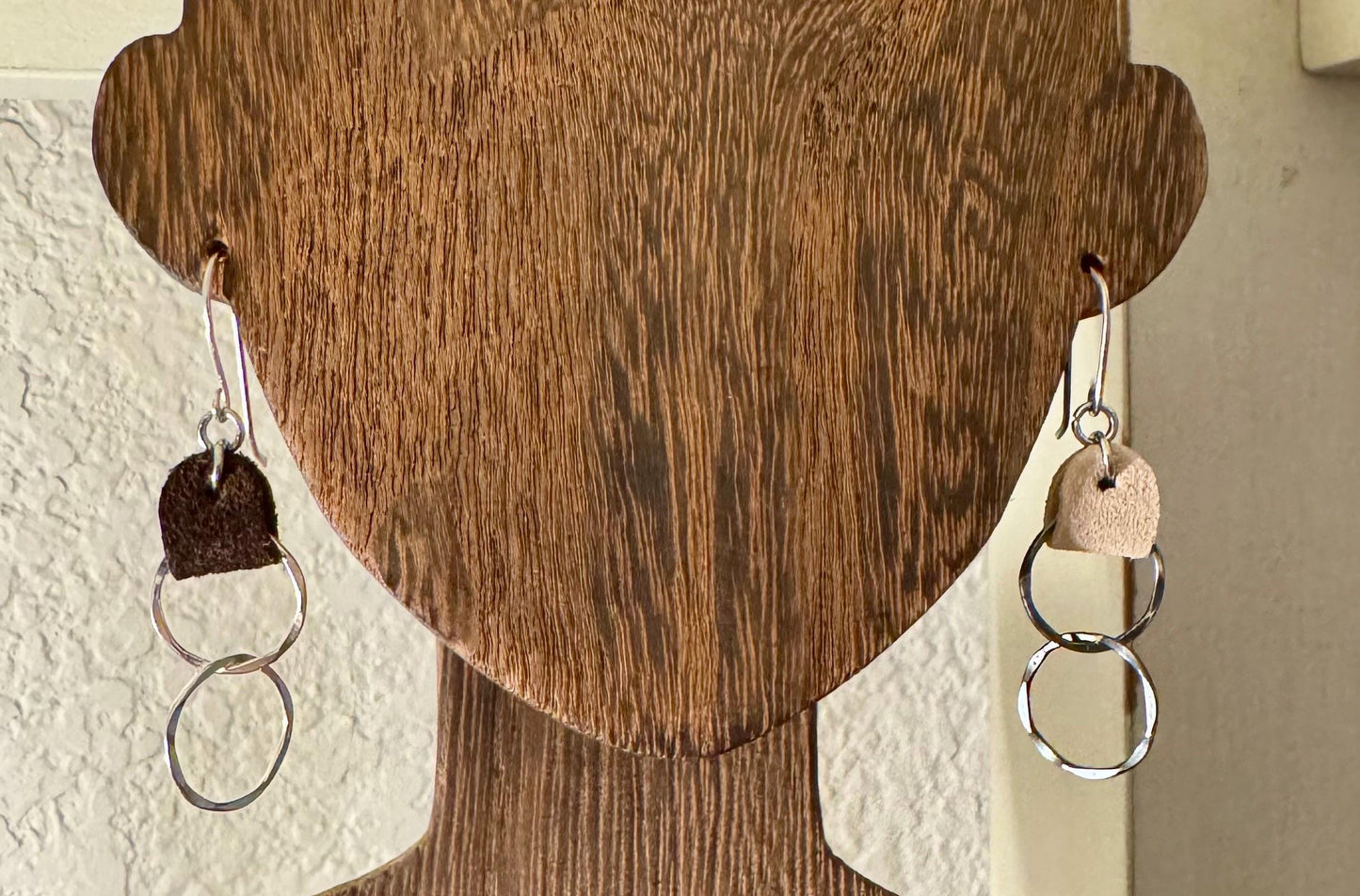 Suede leather earrings with sterling silver circle dangles / genuine leather earrings