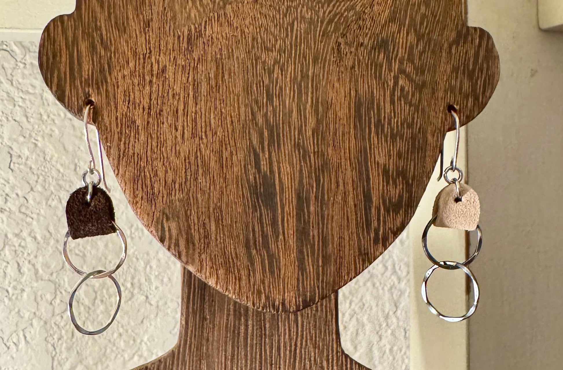 Suede leather earrings with sterling silver circle dangles / genuine leather earrings