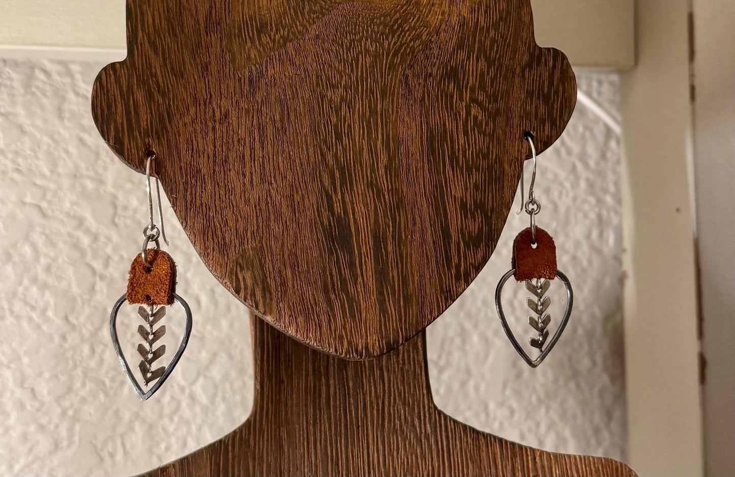 Leather teardrop earrings with chevron chain / genuine suede leather earrings