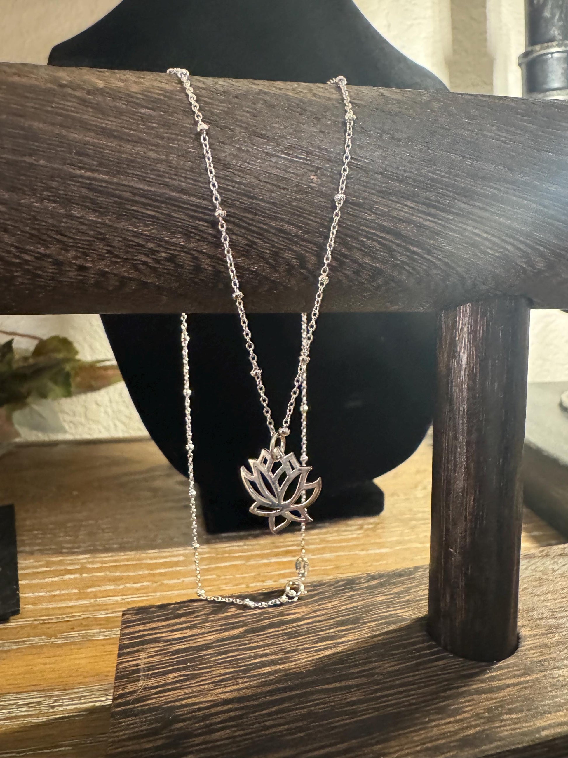 Sterling silver satellite chain necklace with delicate lotus flower pendant / charm