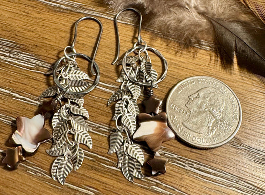 Mother of pearl star gemstone dangle earrings with circle and leaf chain
