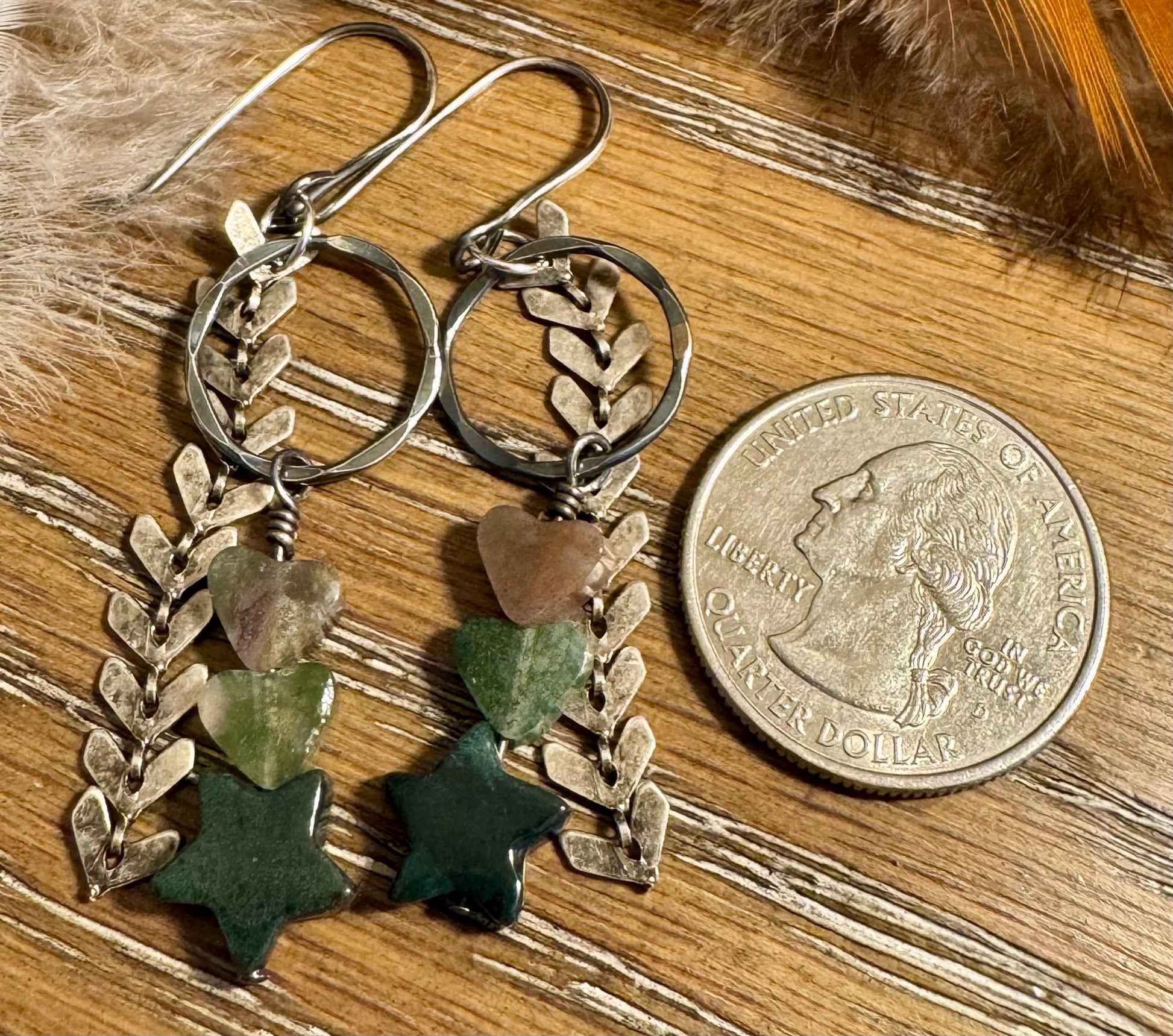 Indian Agate star and heart gemstone dangle earrings with circle and chevron chain
