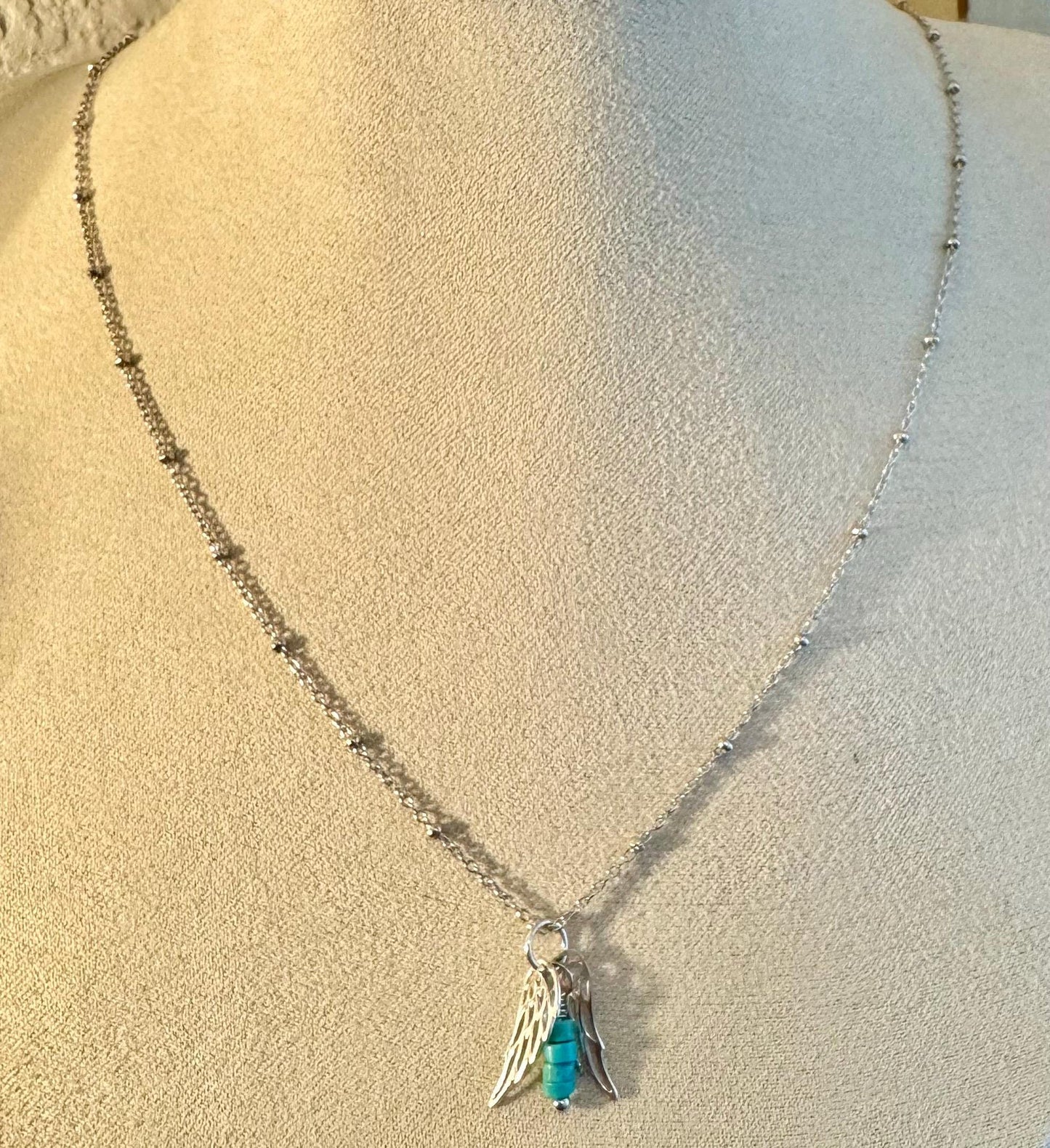 Delicate angel wings pendant / charm and turquoise dangle / accent necklace