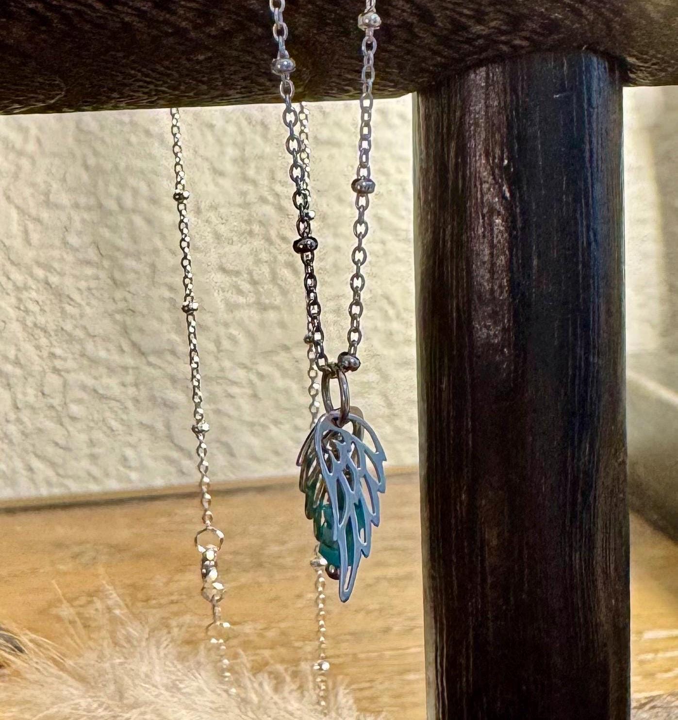 Delicate angel wings pendant / charm and turquoise dangle / accent necklace