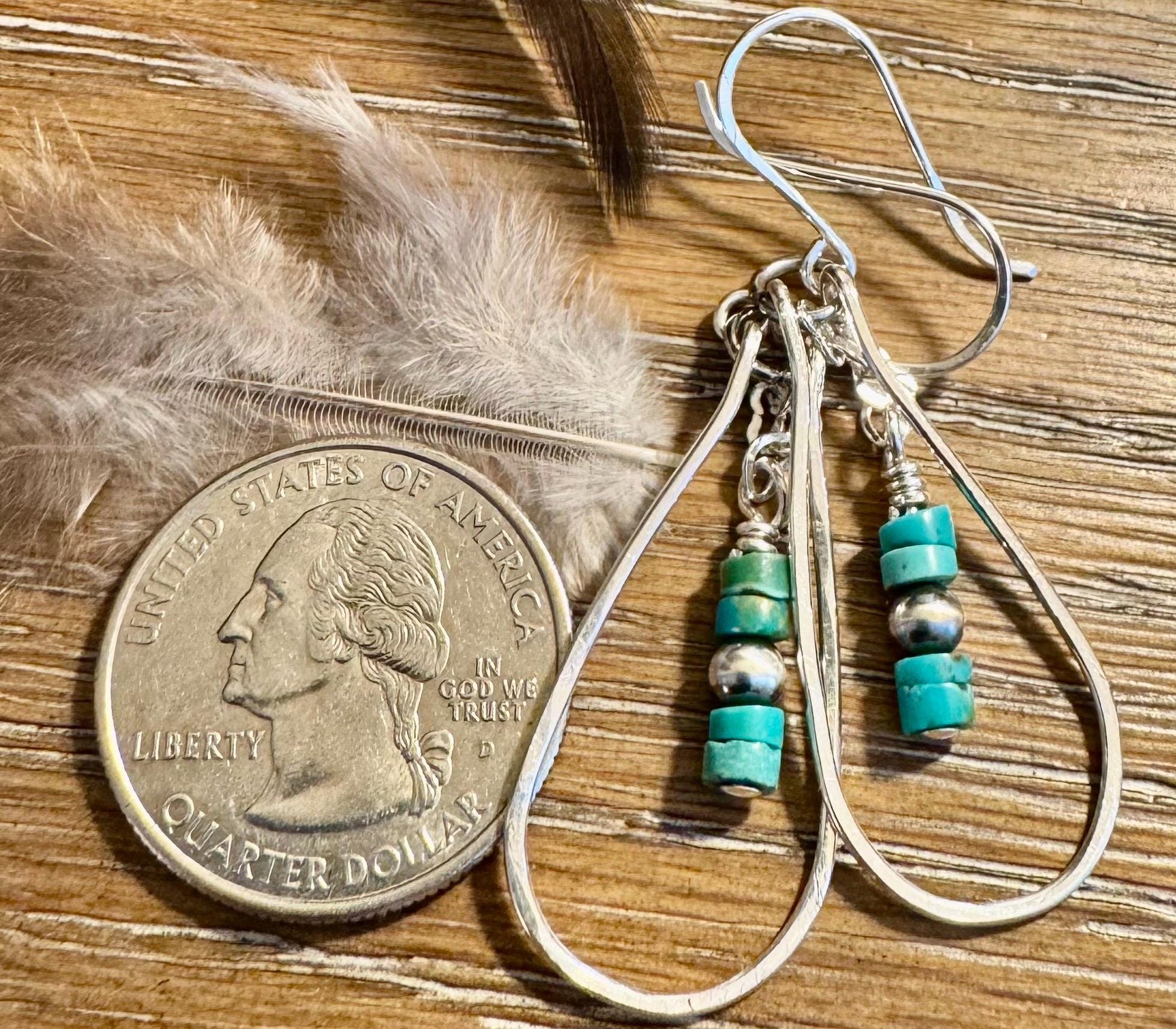 Turquoise and Navajo pearl dangle teardrop style, sterling silver heart chain earrings / turquoise earrings