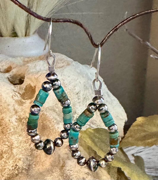 Turquoise hoop dangle and Navajo pearl teardrop style, sterling silver earrings / turquoise earrings