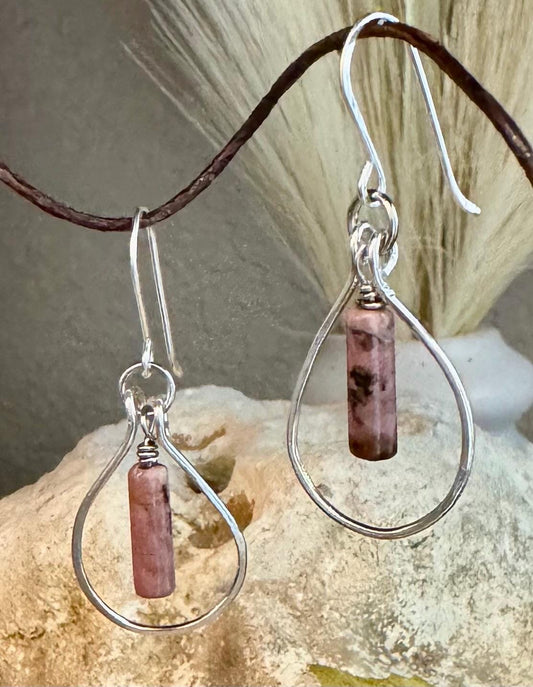 Black pink rhodonite gemstone with sterling silver teardrop style dangle