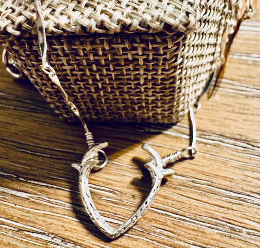 Sterling silver deer antler pendant / charm on dapped bar and link chain